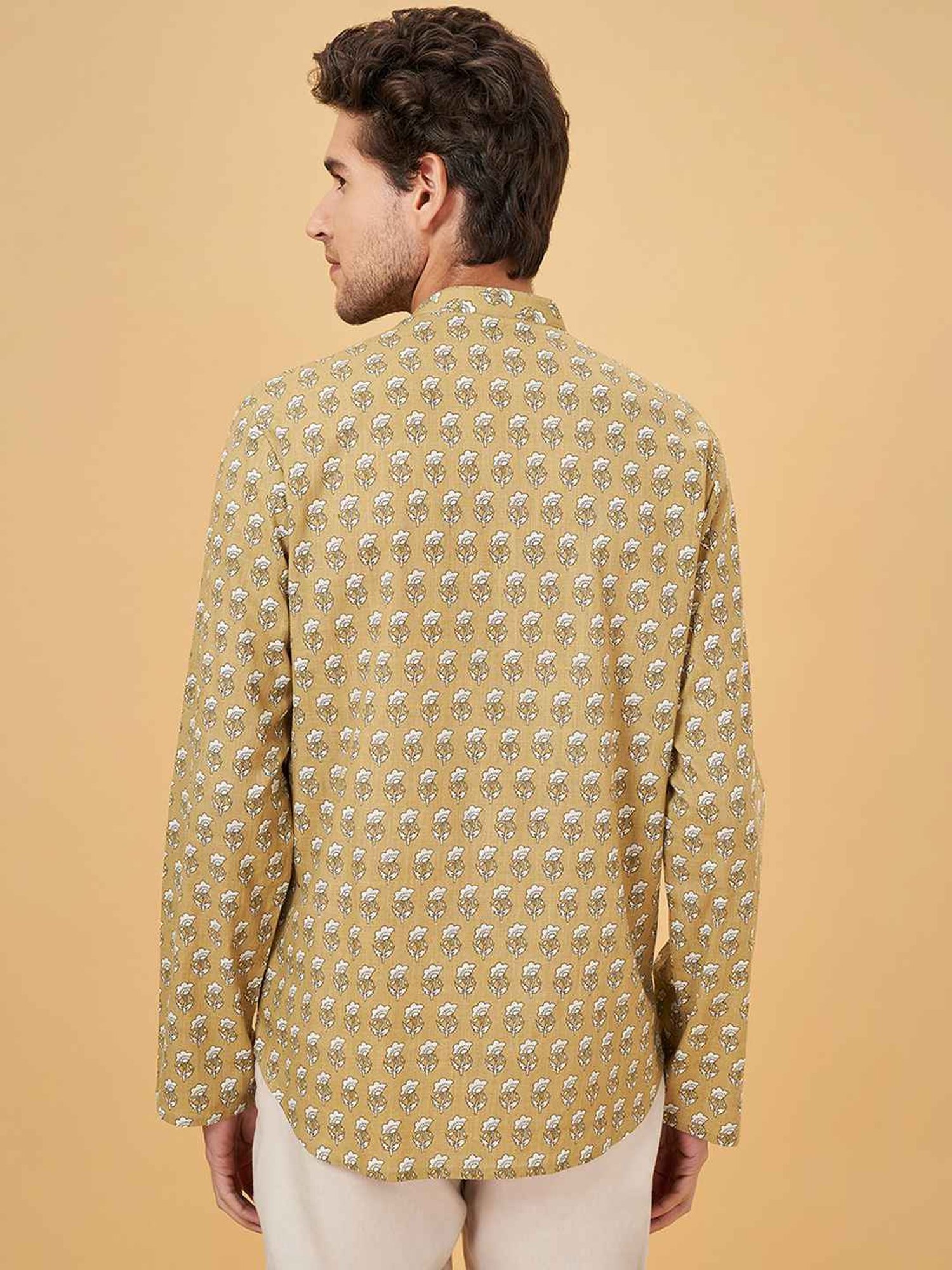 Indus Route By Pantaloons Honey Mustard Cotton Regular Fit Printed Short Kurta