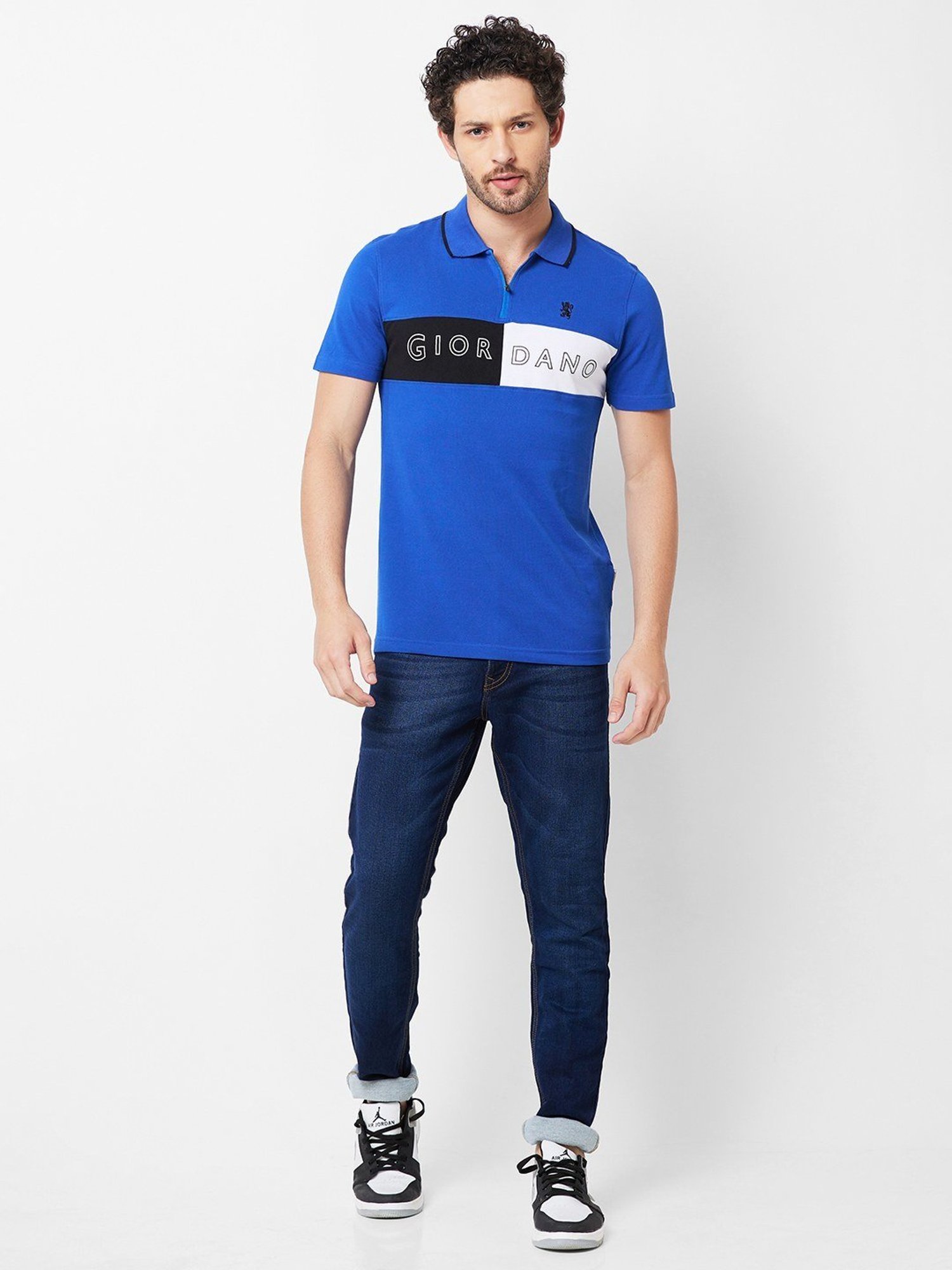 Giordano Dark Blue Slim Fit Colour Block Polo T-Shirt