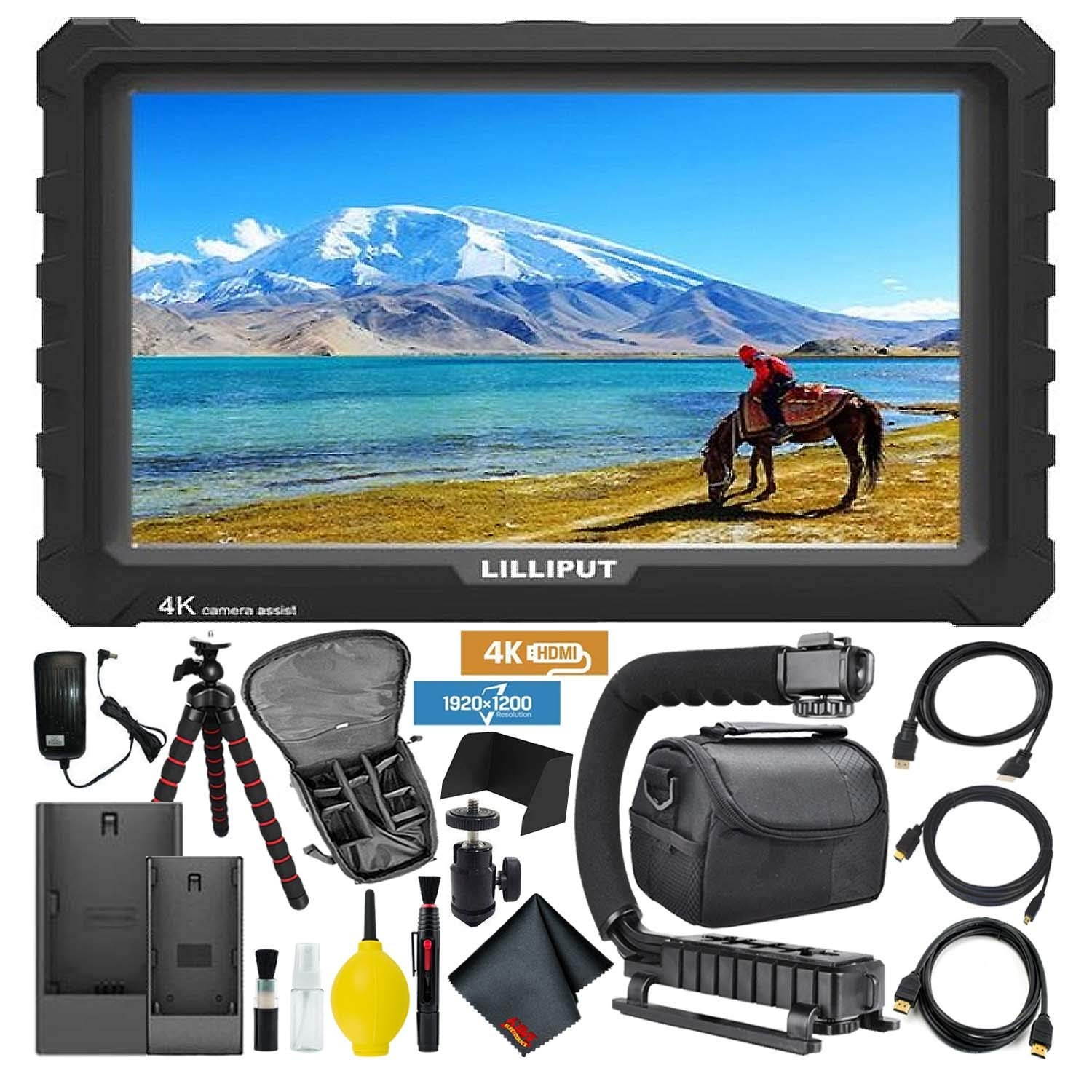 Lilliput A7S Full HD 7 Inch IPS Video Camera Field Monitor w/ 4K Support (Black Case) HDMI Ports Advanced Bundle w/ Stabilizing Handle, Tripod, HDMI Cables, Carrying Case, Backpack, and Cleaning Kit