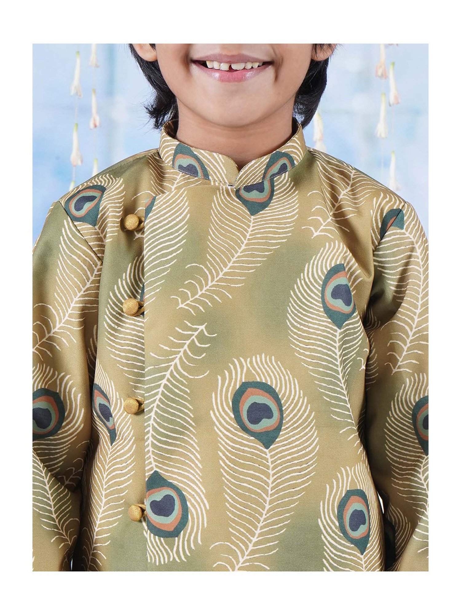 Little Bansi Kids Green & White Printed Kurta with Dhoti