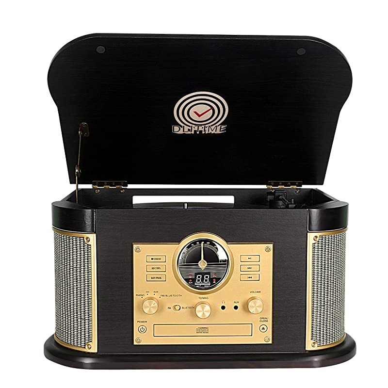 Record Player, Phonographs  3-Speed Vinyl Turntable Built-in 2 x9W Bluetooth Speakers, Headphone Jack/Aux In/RCA/LED/USB/MP3/CD/FM/AM Record Player