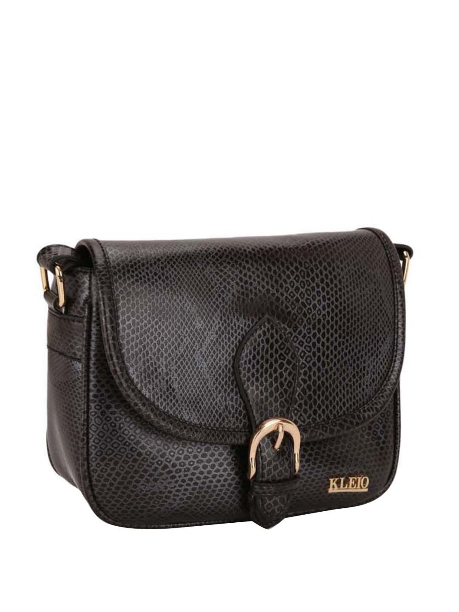 KLEIO Black Textured Medium Sling Handbag