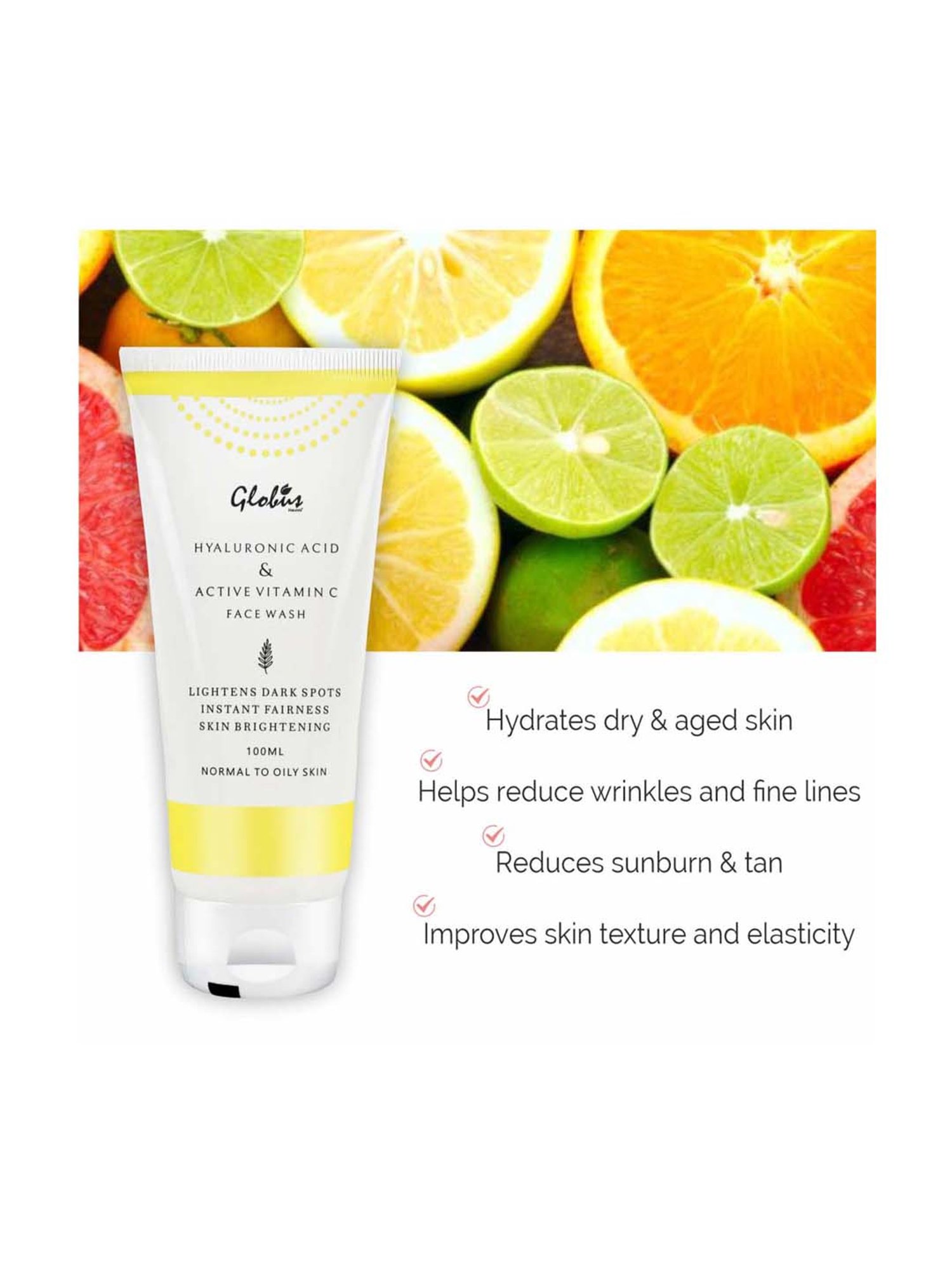 Globus Naturals Hyaluronic Acid & Vitamin C Anti Aging Face Wash - 100 ml