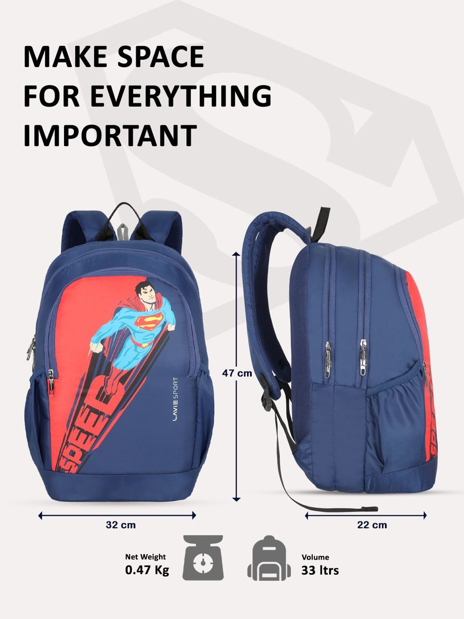 Lavie Sport Superman 33L College Laptop Backpack For Boys & Girls (Navy)