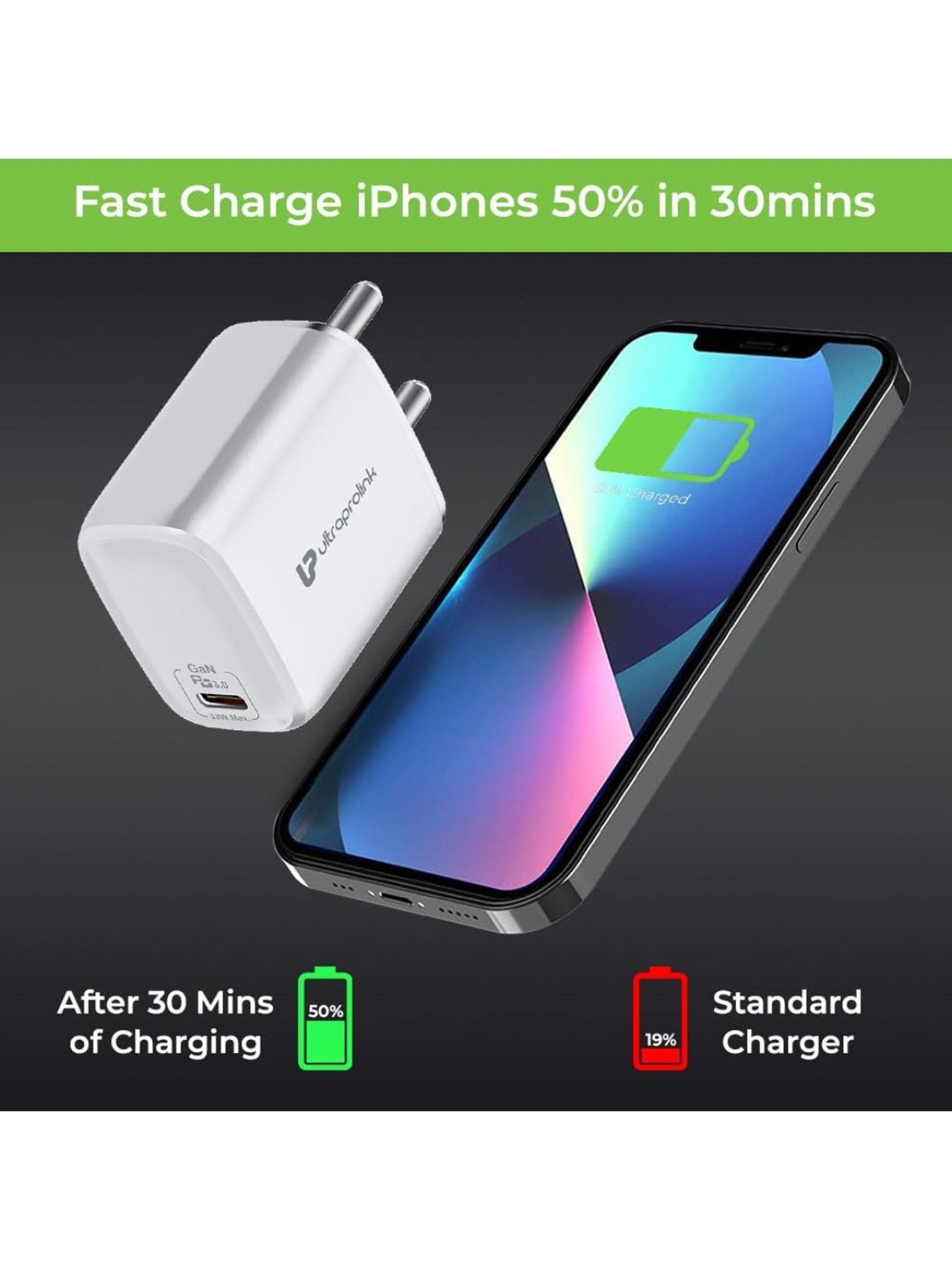 UltraProlink UM1102L Boost PD33L 33W GaN Charger With Type C Port, Type C to iPhone Cable (White)