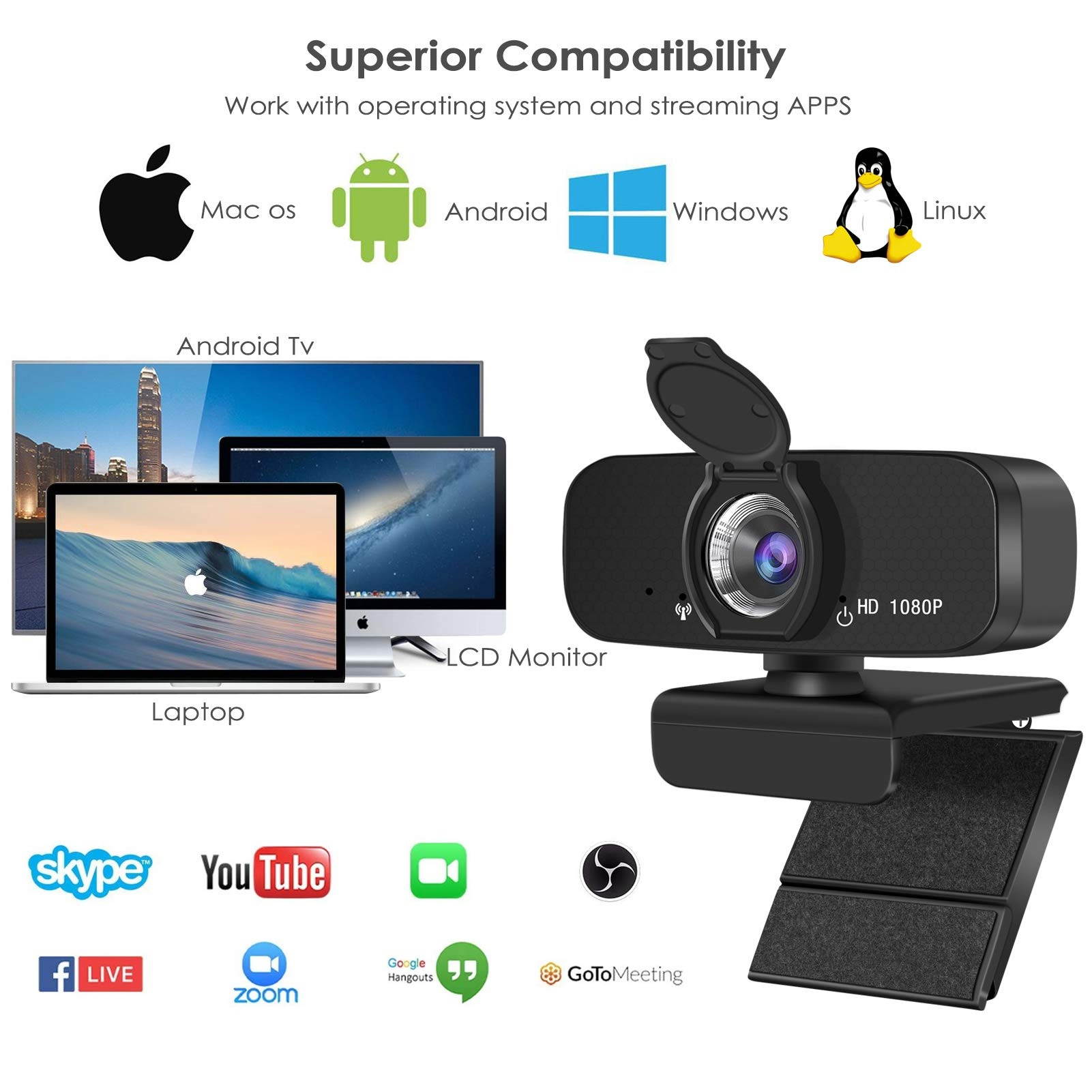 Webcam, USB HD 1080p Web Camera, PC Computer Webcam with Tripod,Microphone.Laptop Desktop HD Camera Video 110&deg;Widescreen,Webcam, Pro Streaming Webcam for Recording, Calling, Conferencing, Gaming