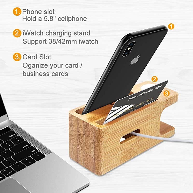 Apple Watch Stand,  Bamboo Wood Charging Stand Bracket Docking Station Cradle Holder W Business Card Slot Phone Stand for iPhone X 8 7 6 Plus 5 5c and Apple Watch 38mm 42mm Series 3 Series 2 Series 1