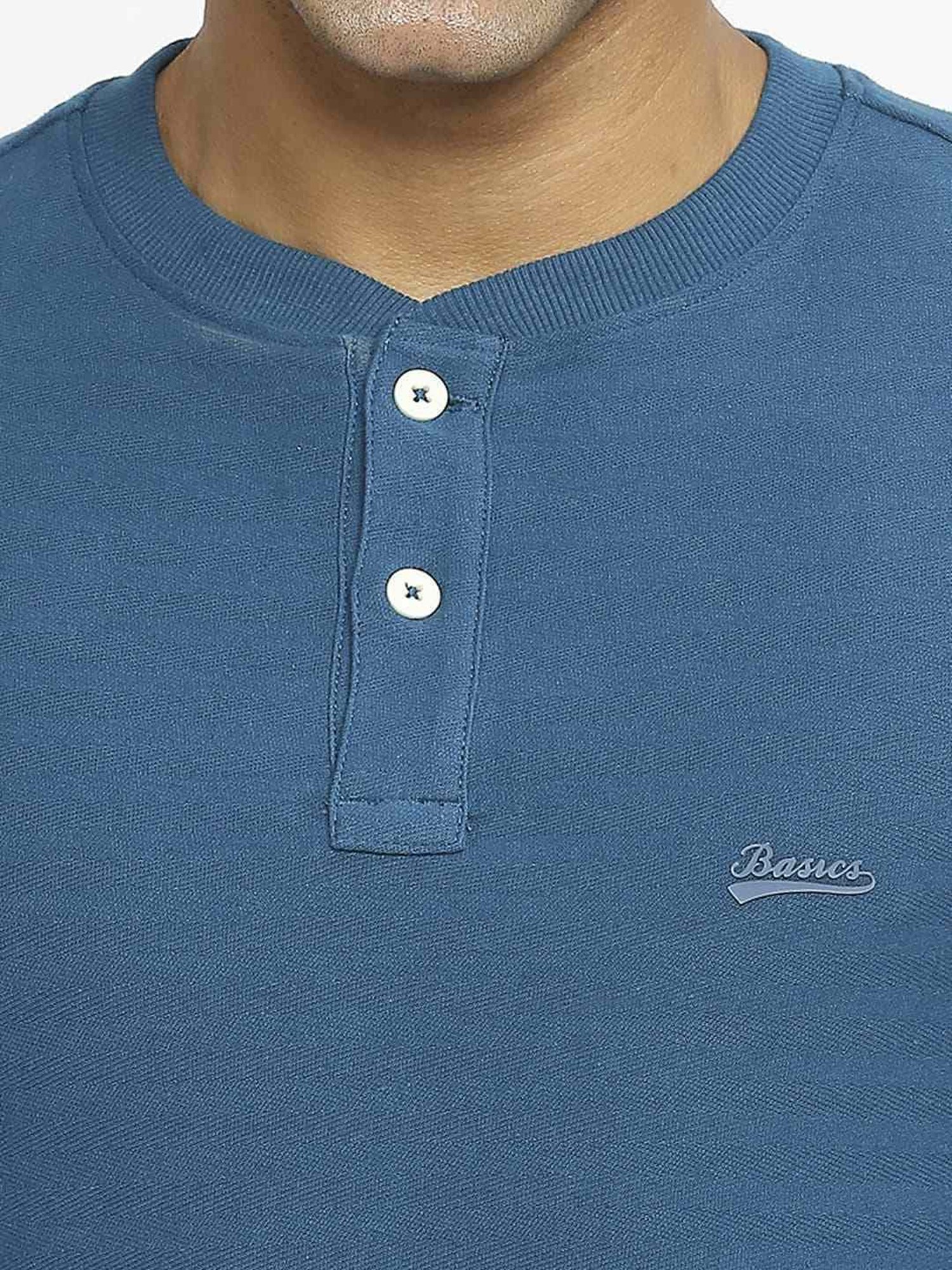 Basics Blue Cotton Muscle Fit Henley T-Shirt