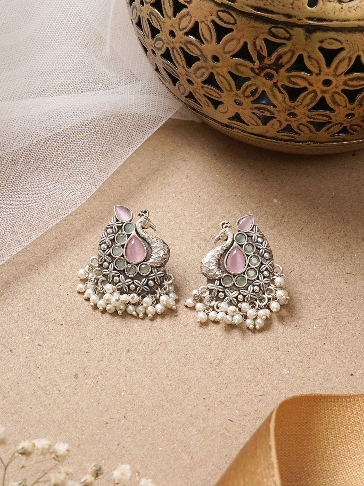 Teejh Ethnic Nirali Pink & White Silver Oxidized Stud Earrings