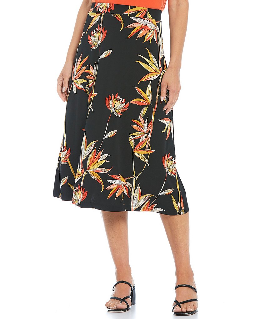 Kasper Petite Size Birds Of Paradise A-Line Flared Skirt