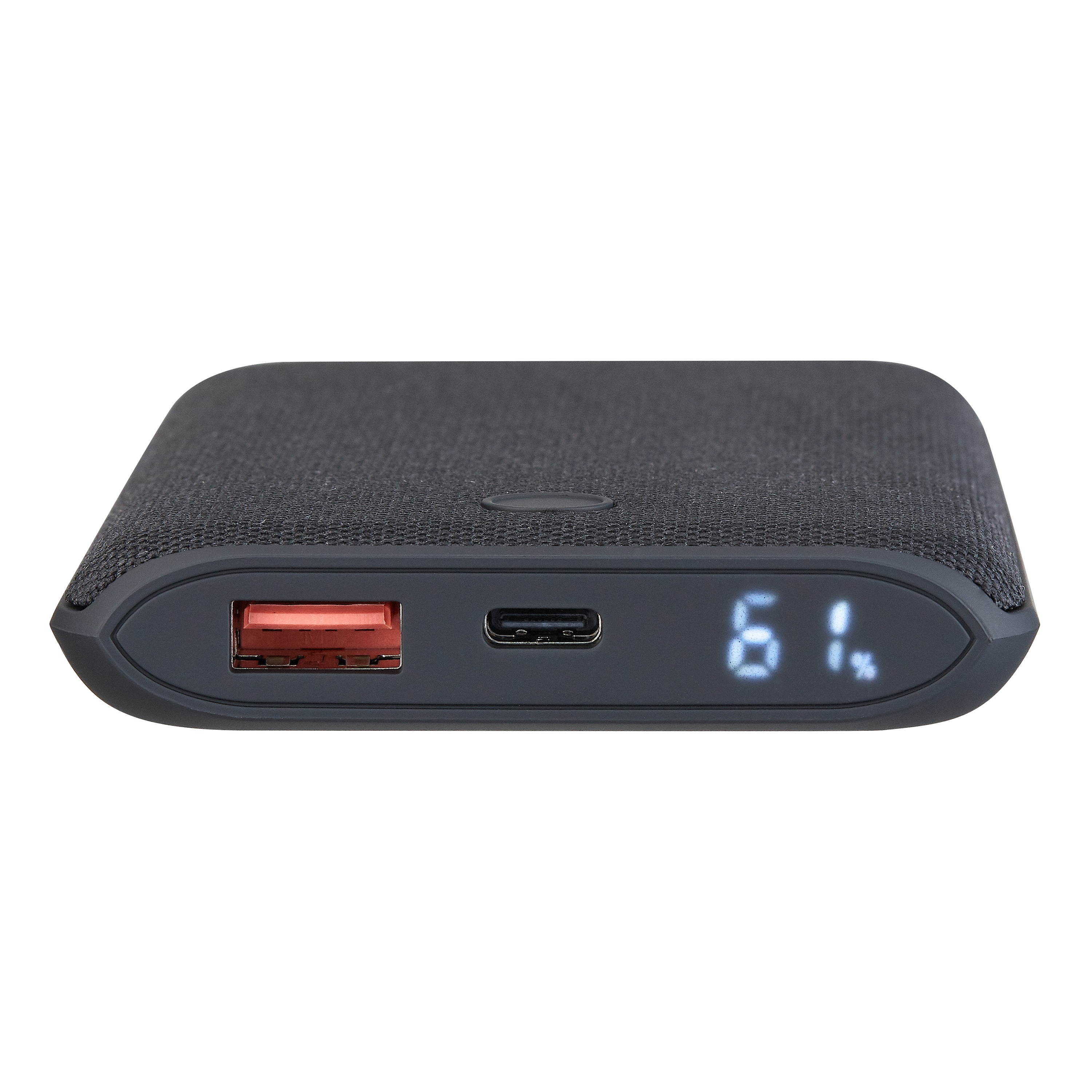 Dual-Port Power Delivery Portable Battery, 3x Charge, 10000 mAh, Black (Fabric)