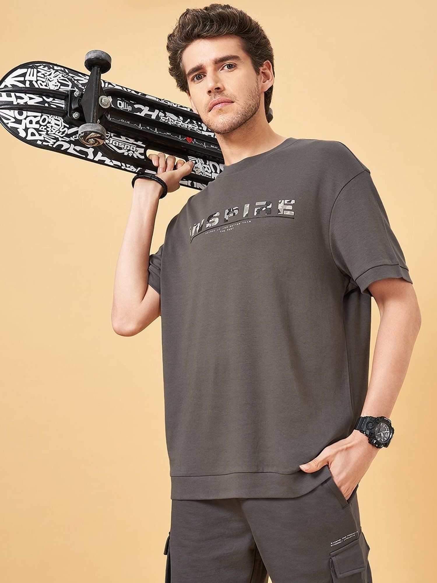 Street 808 By Pantaloons Steel Gray Loose Fit T-Shirt