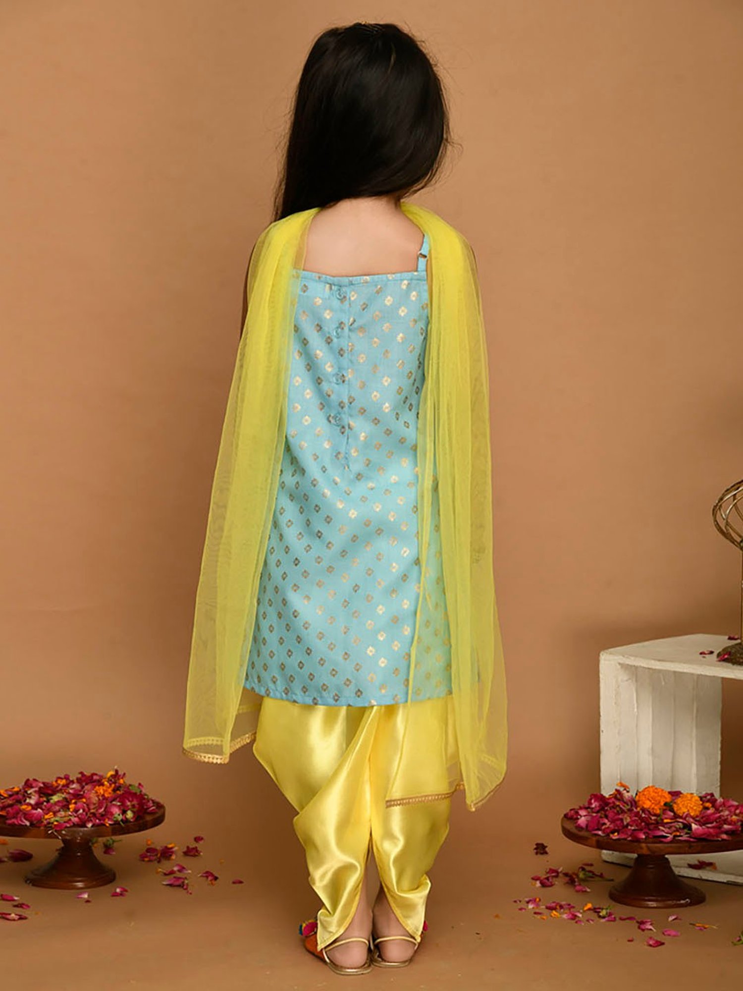 Saka Designs Kids Sky Blue & Yellow Printed Kurta with Dhoti & Dupatta
