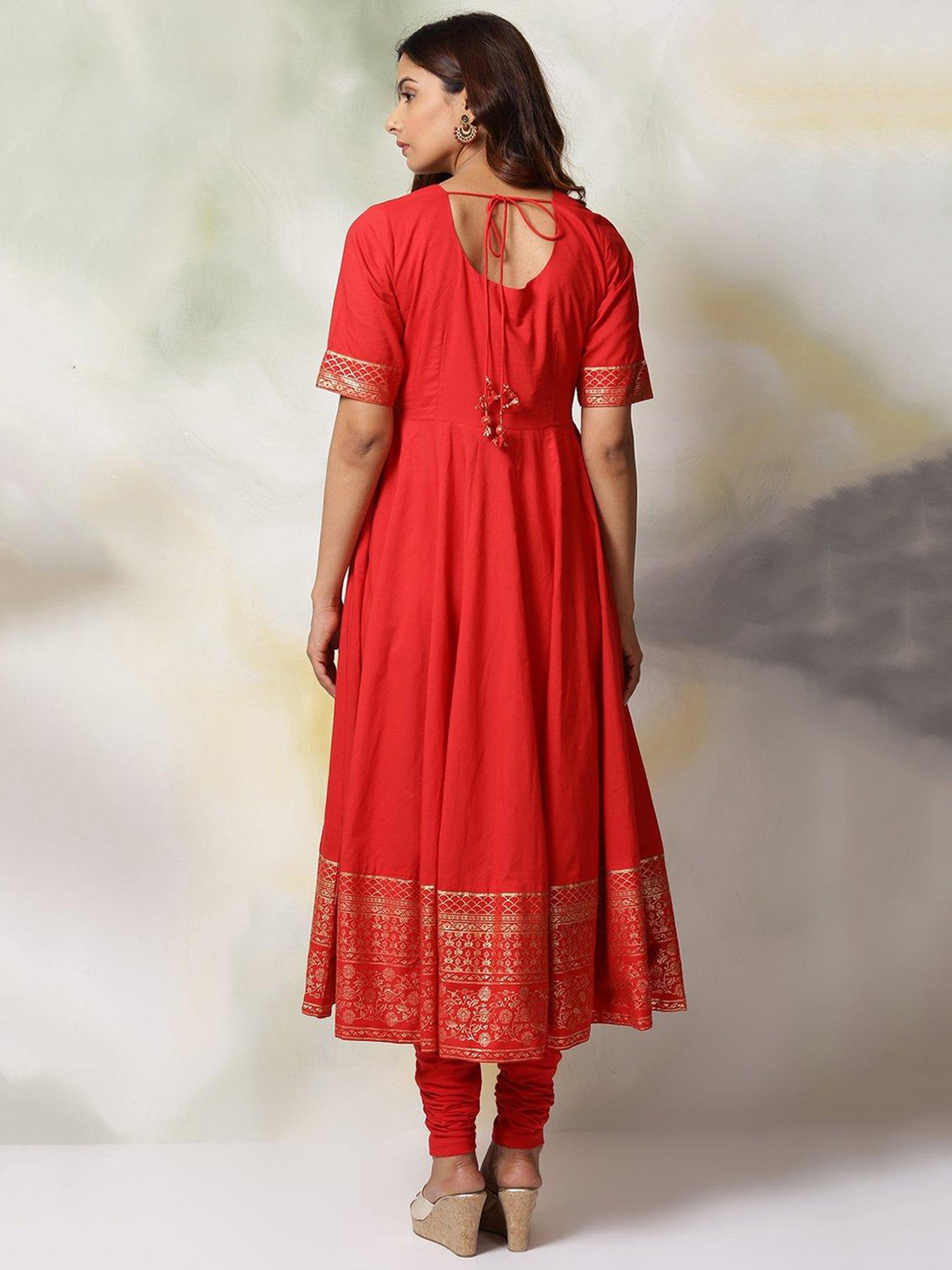 Biba Red Embellished Kurta With Churidar & Dupatta