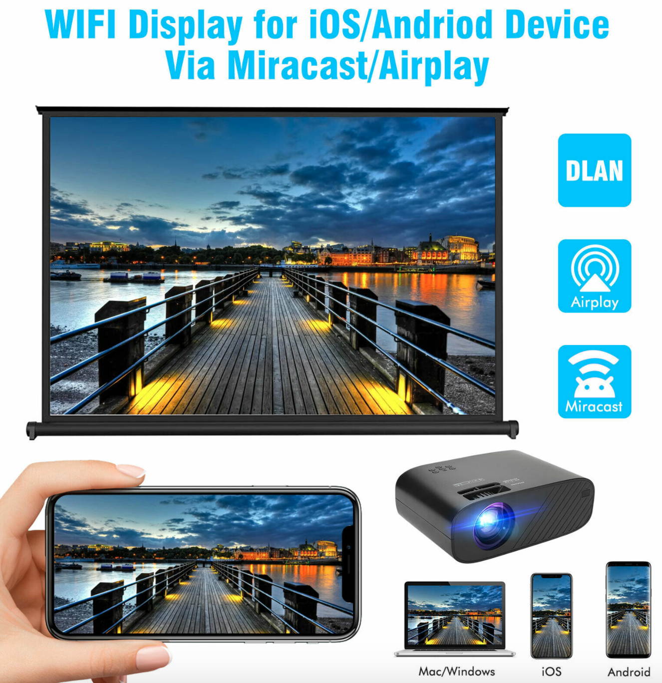 Full HD 1080P LED Smart Home Theater Projector 7000Lumen 3D Video HDMI Dustproof