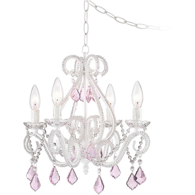 Regency Hill White Plug In Swag Chandelier 16" Wide Country Cottage Pink Crystal Scroll 4-Light Fixture Dining Room House Kitchen