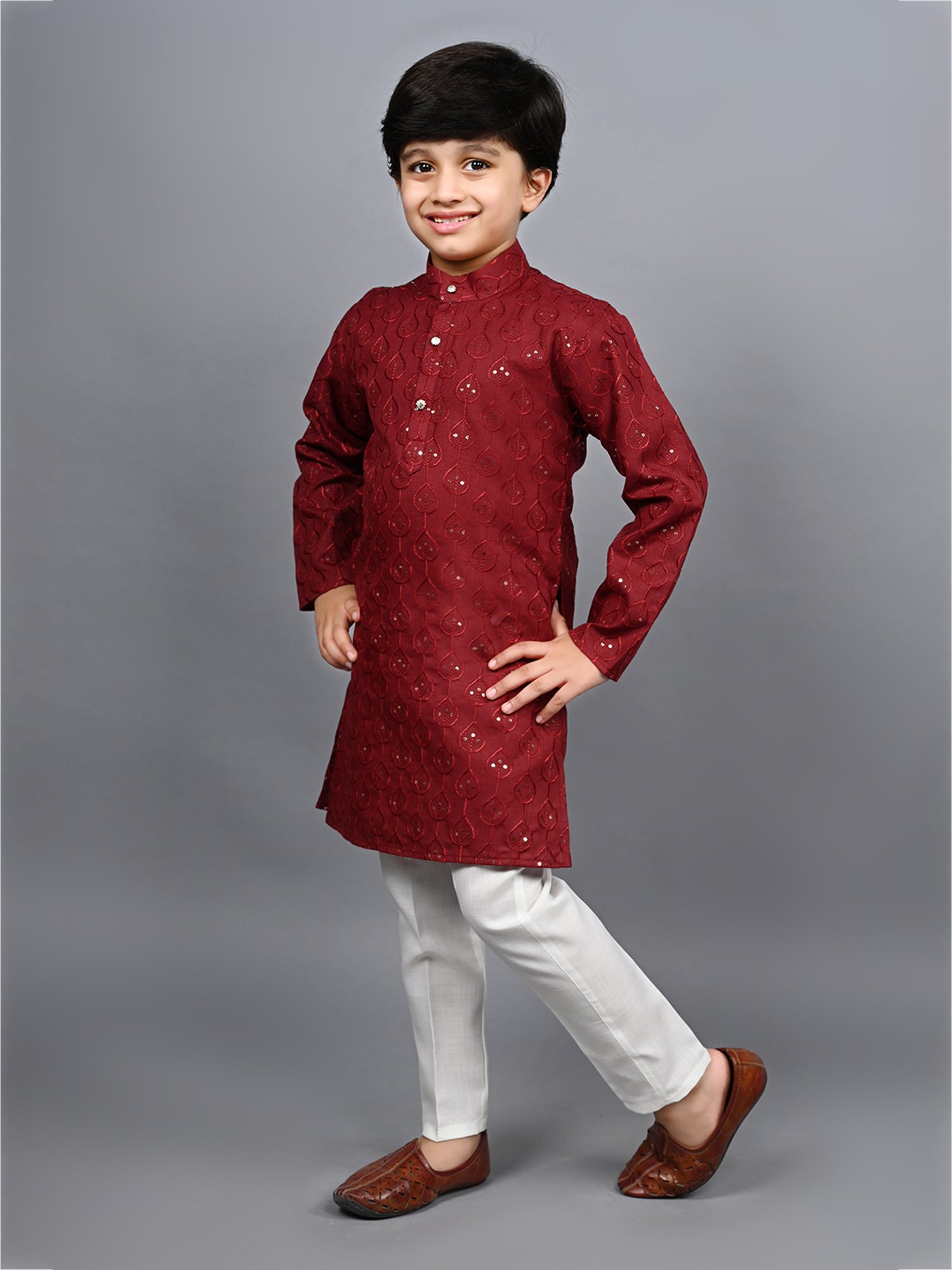 Ahhaaaa Kids Maroon & White Embellished Full Sleeves Kurta With Pyjamas