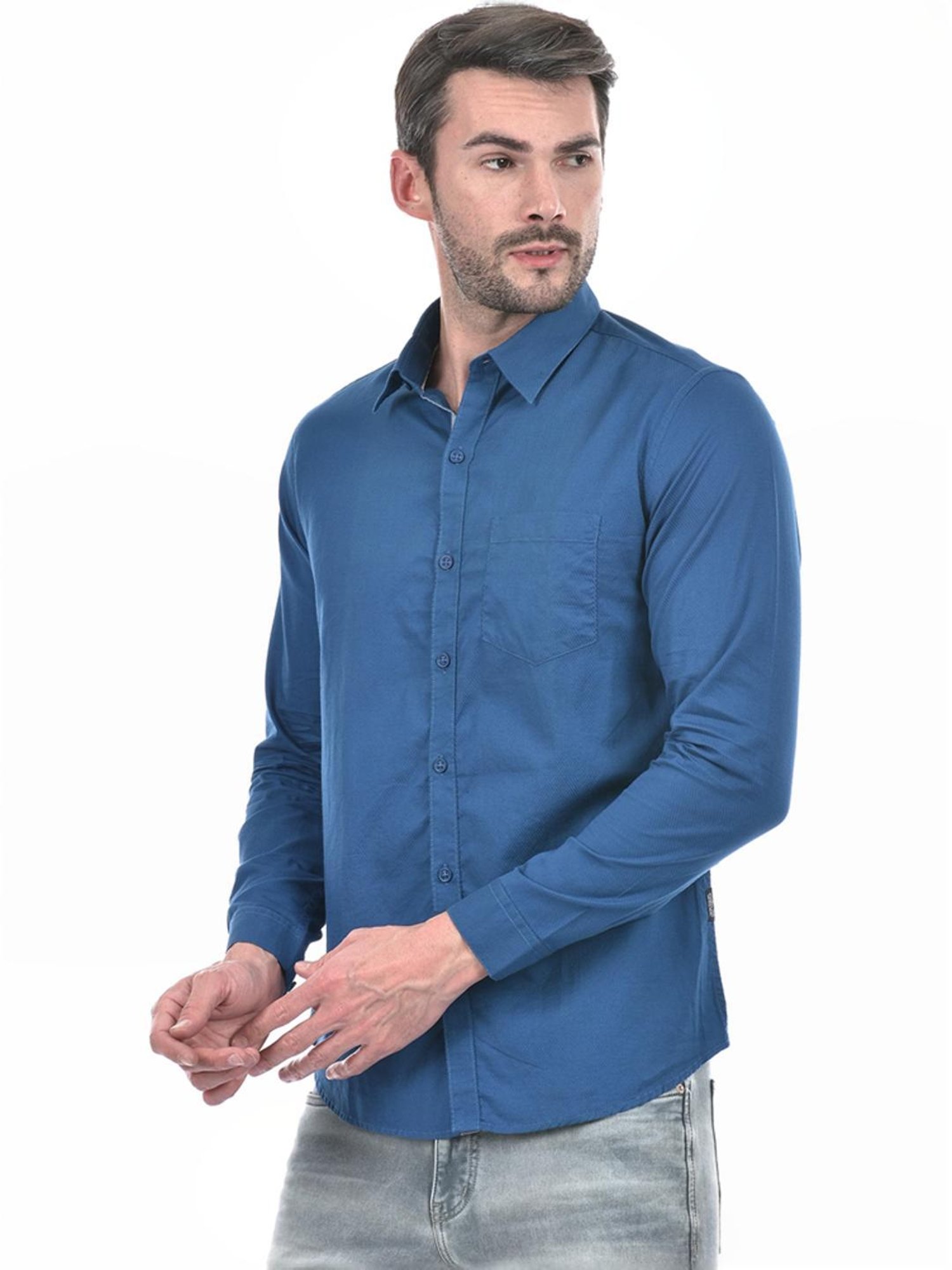 Numero Uno Marine Blue Cotton Slim Fit Shirt