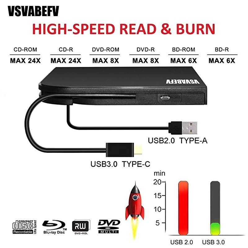 External Blu Ray DVD Drive Burner Player USB3.0 Type-C Dual interfaces Portable Slim Automatic Slot-Loading CD/DVD-RAM/BD-ROM Superdrive +/- RW Reader with High Speed Data for Laptop PC