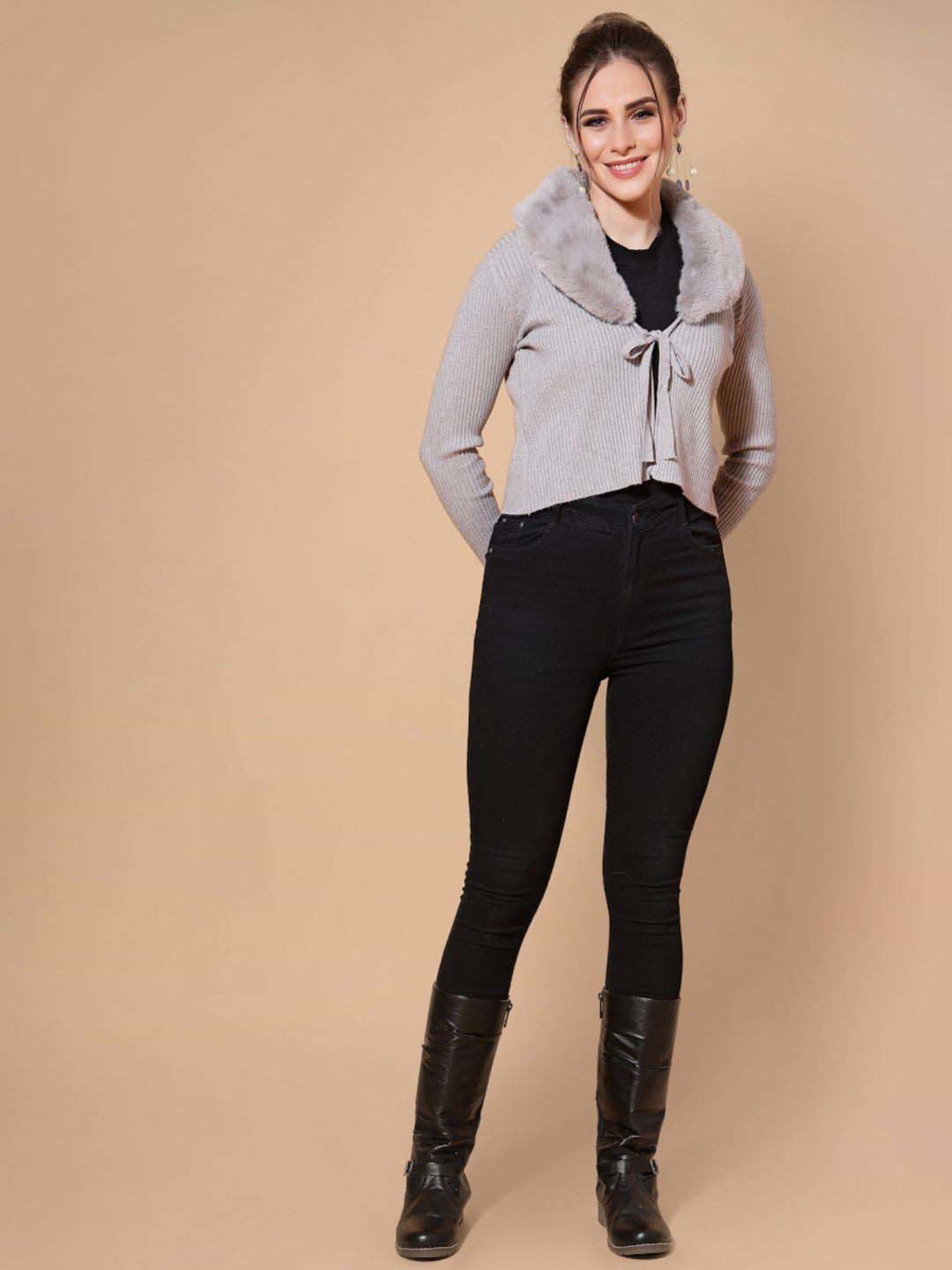 Mafadeny Grey Plain Cropped Cardigan