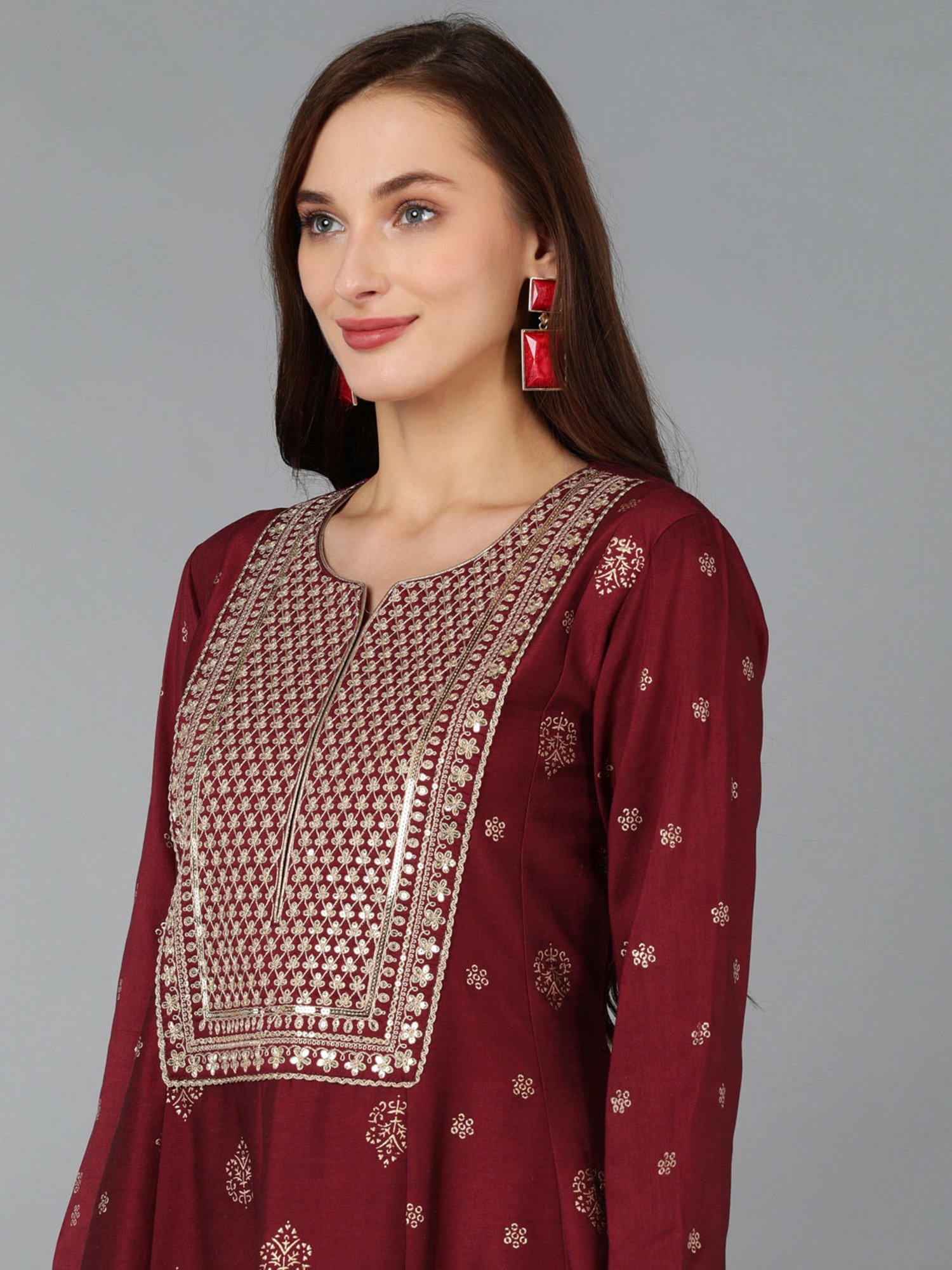 Vaamsi Maroon Embroidered Kurta Palazzo Set With Dupatta