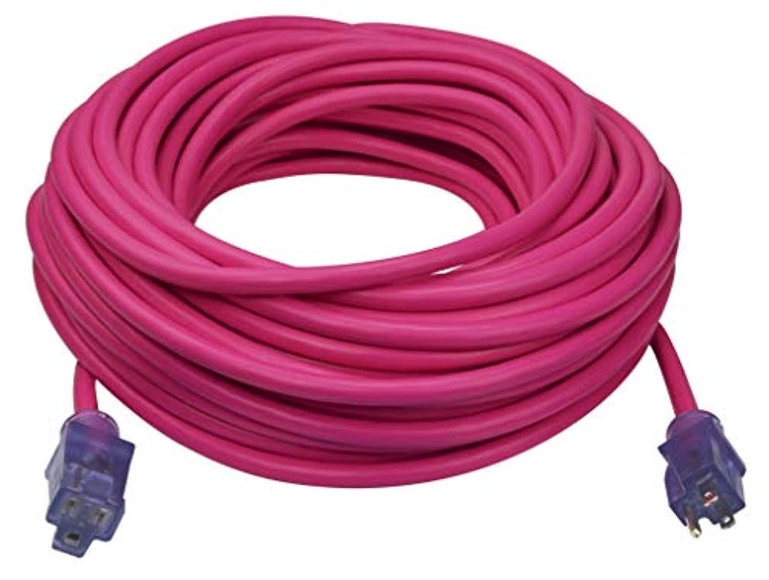 prime ns513835 100-foot 12/3 sjtw flex high visibility extra heavy duty outdoor extension cord with primelight indicator light, neon pink