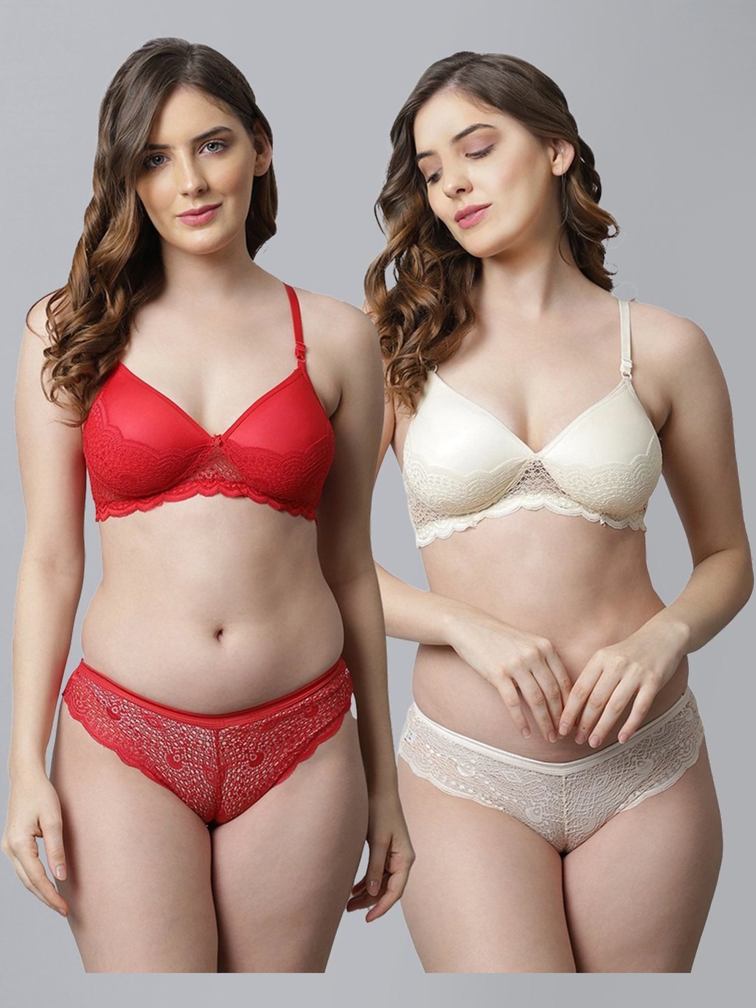 AROUSY Red & White Cotton Self Pattern Bra Panty Set - Pack Of 2
