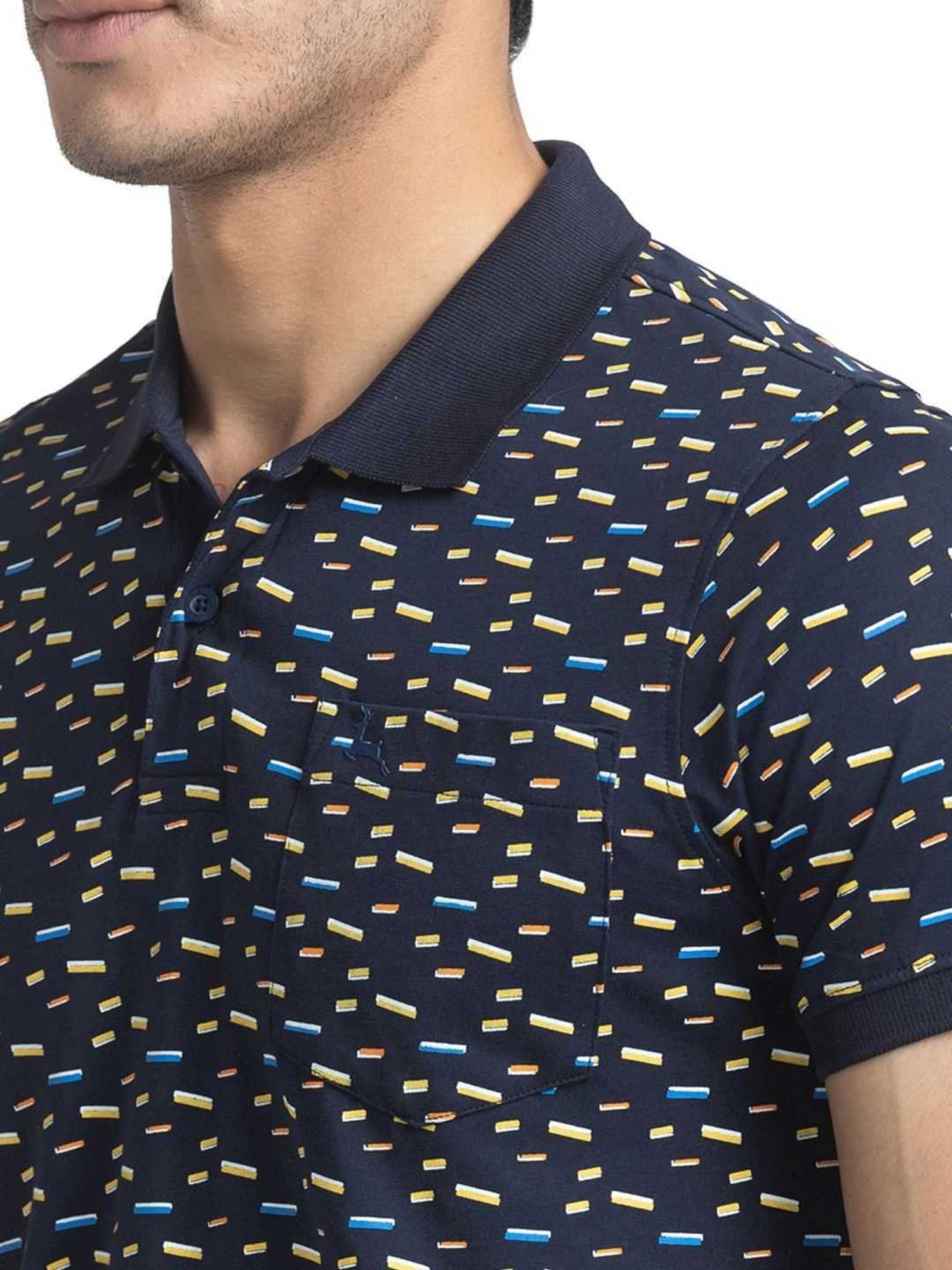 Parx Blue Cotton Regular Fit Printed Polo T-Shirt