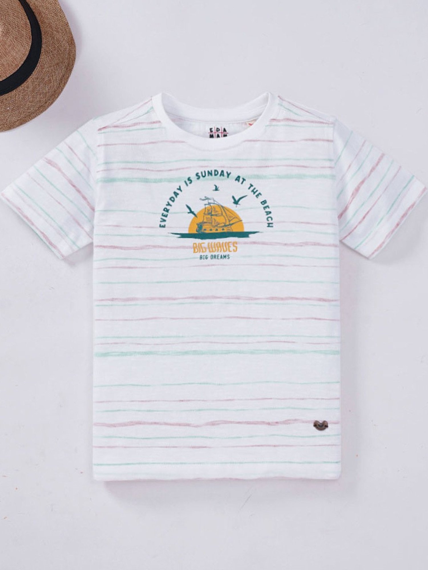 Ed-a-Mamma Kids White Cotton Striped T-Shirt