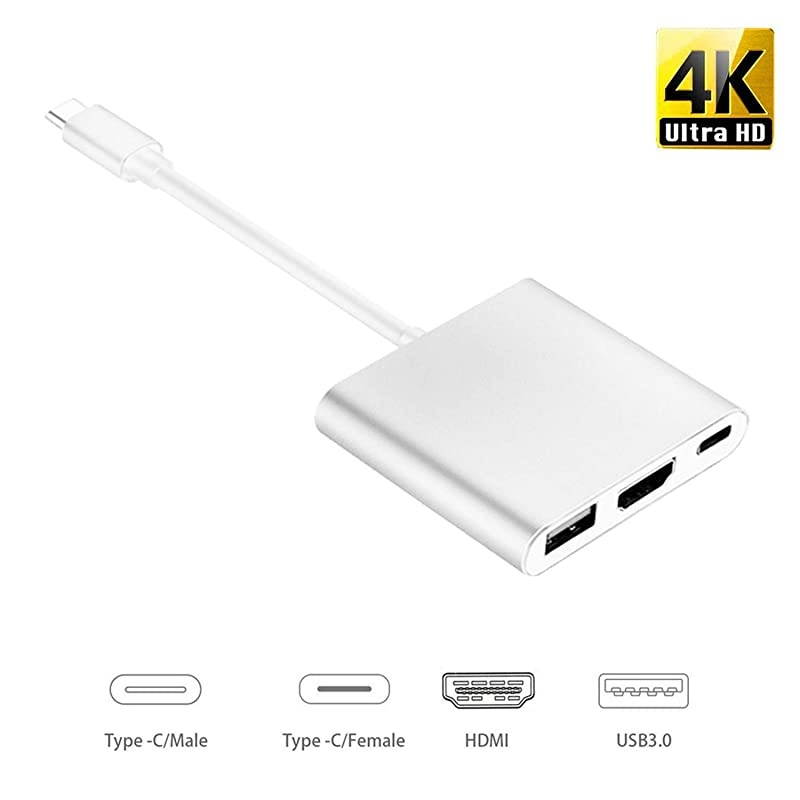 Digital AV Multiport Adapter, 3 in 1 USB Type C to 4K HDMI Video Converter Compatible for MacBook Pro/Air/ iPad Pro/S8+/S9+/Chromebook/Surface Pro7, Aluminium Alloy, Silver