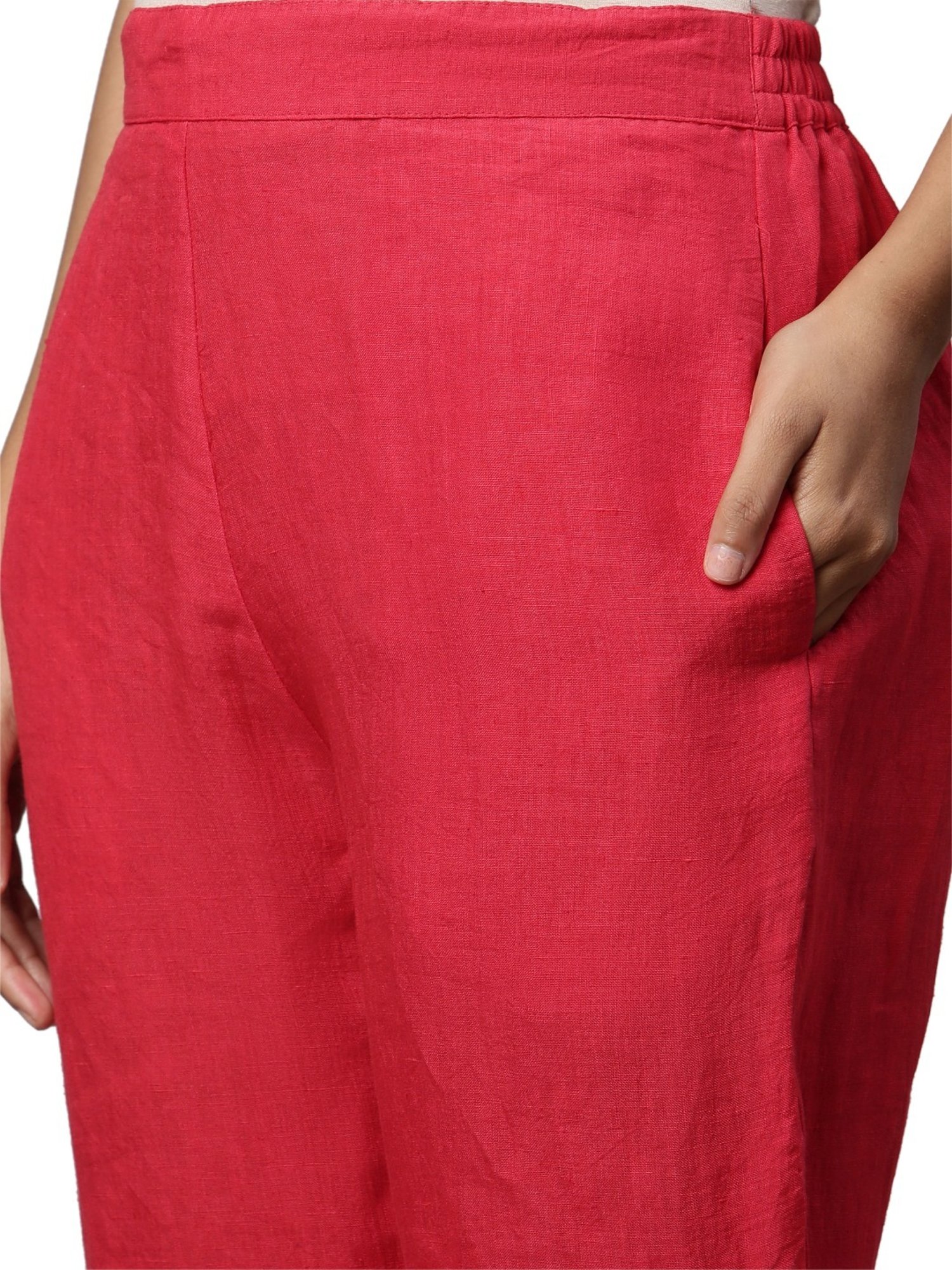 Linen Club Woman Red Regular Fit Pants