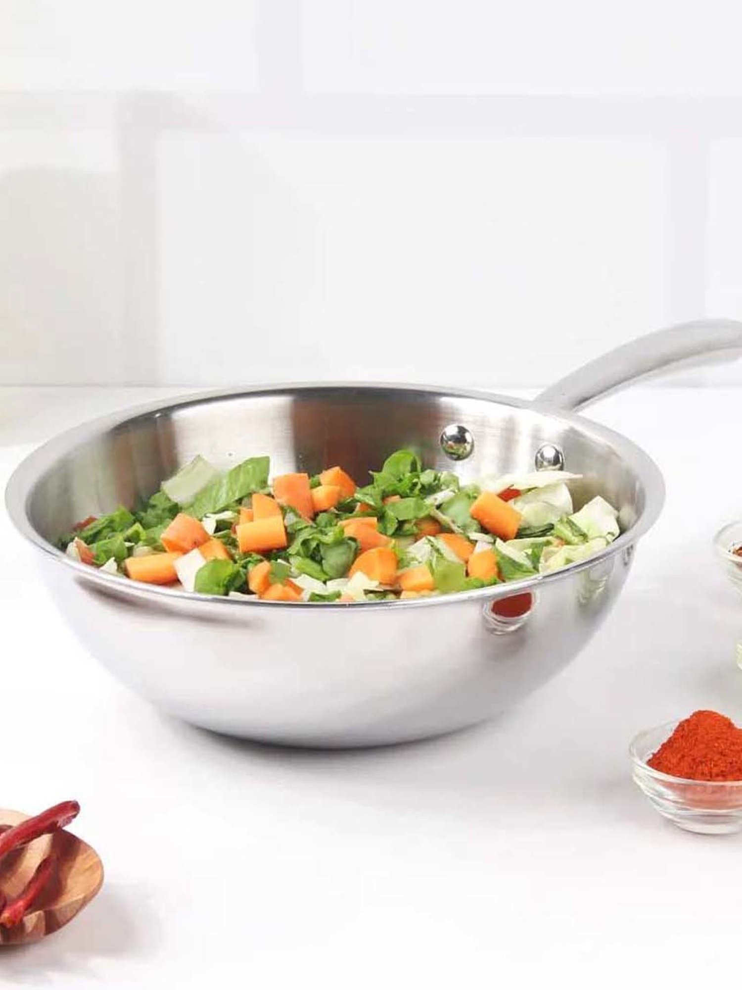 The Indus Valley Silver Stainless Steel 22 cm Induction Compatible Kadai With Lid (1.8 L)