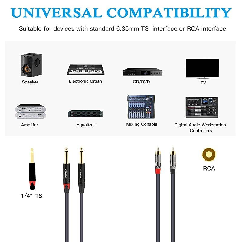 Dual 1/4" TS to Dual RCA Stereo Interconnect Cable, 2 x 6.35mm 1/4 Inch Male TS to 2 RCA Male Stereo Audio Adapter Cable, 6.6 Feet
