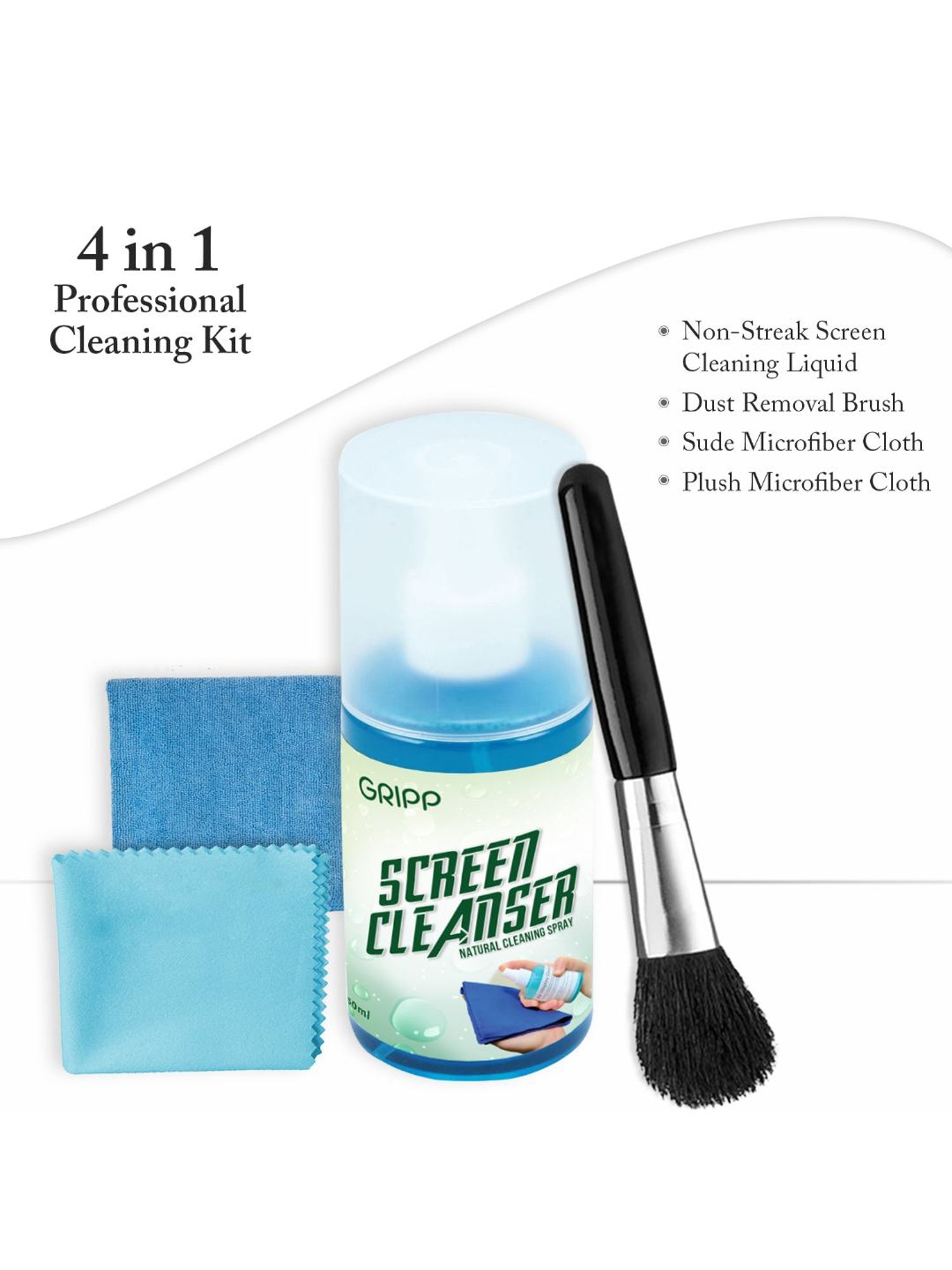 GRIPP 4 in 1 Professional Screen Cleaner Kit Includes Screen Cleanser Spray 150ml (Blue)