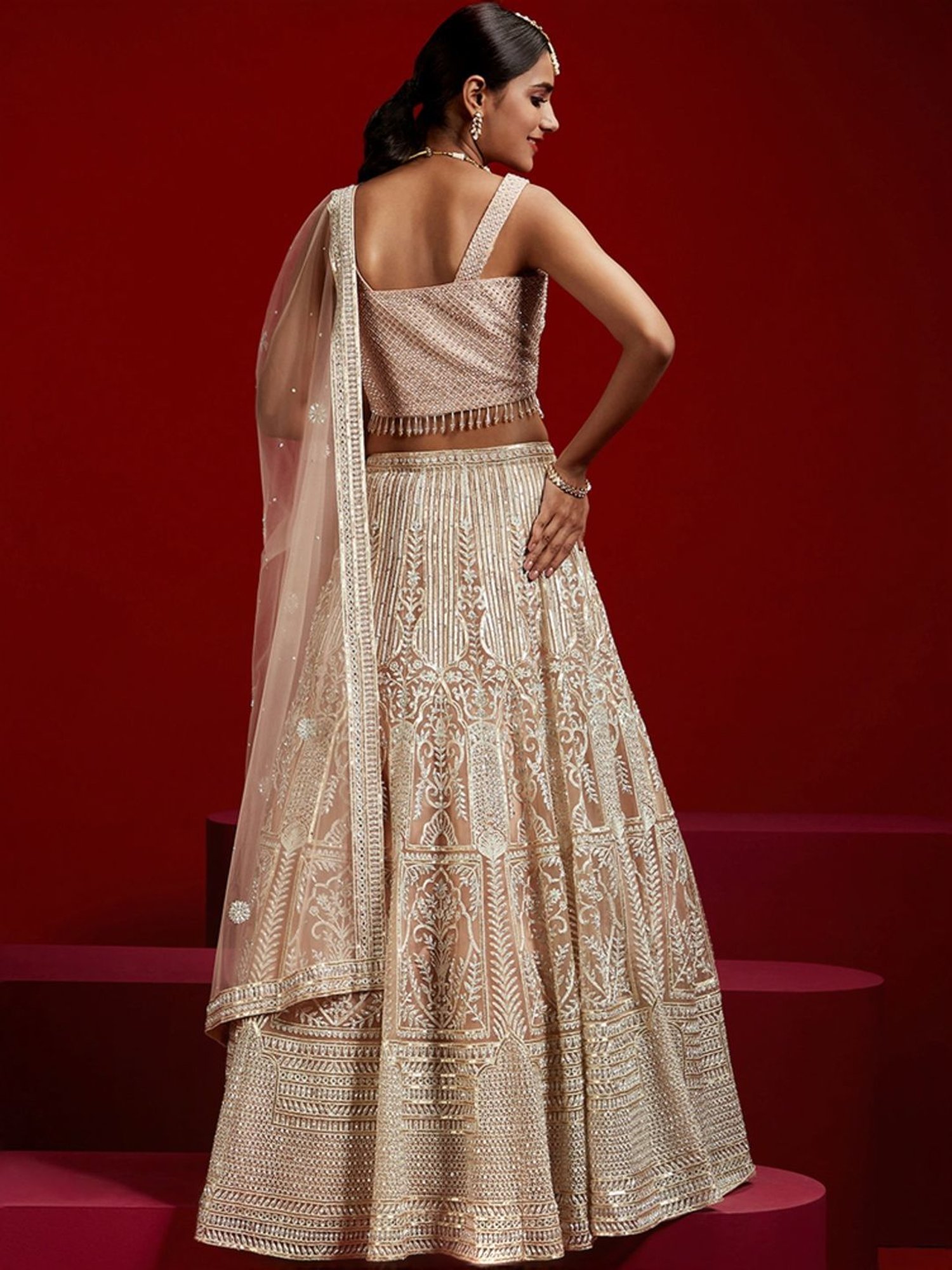 Libas Art Peach Embellished Lehenga Choli Set With Dupatta