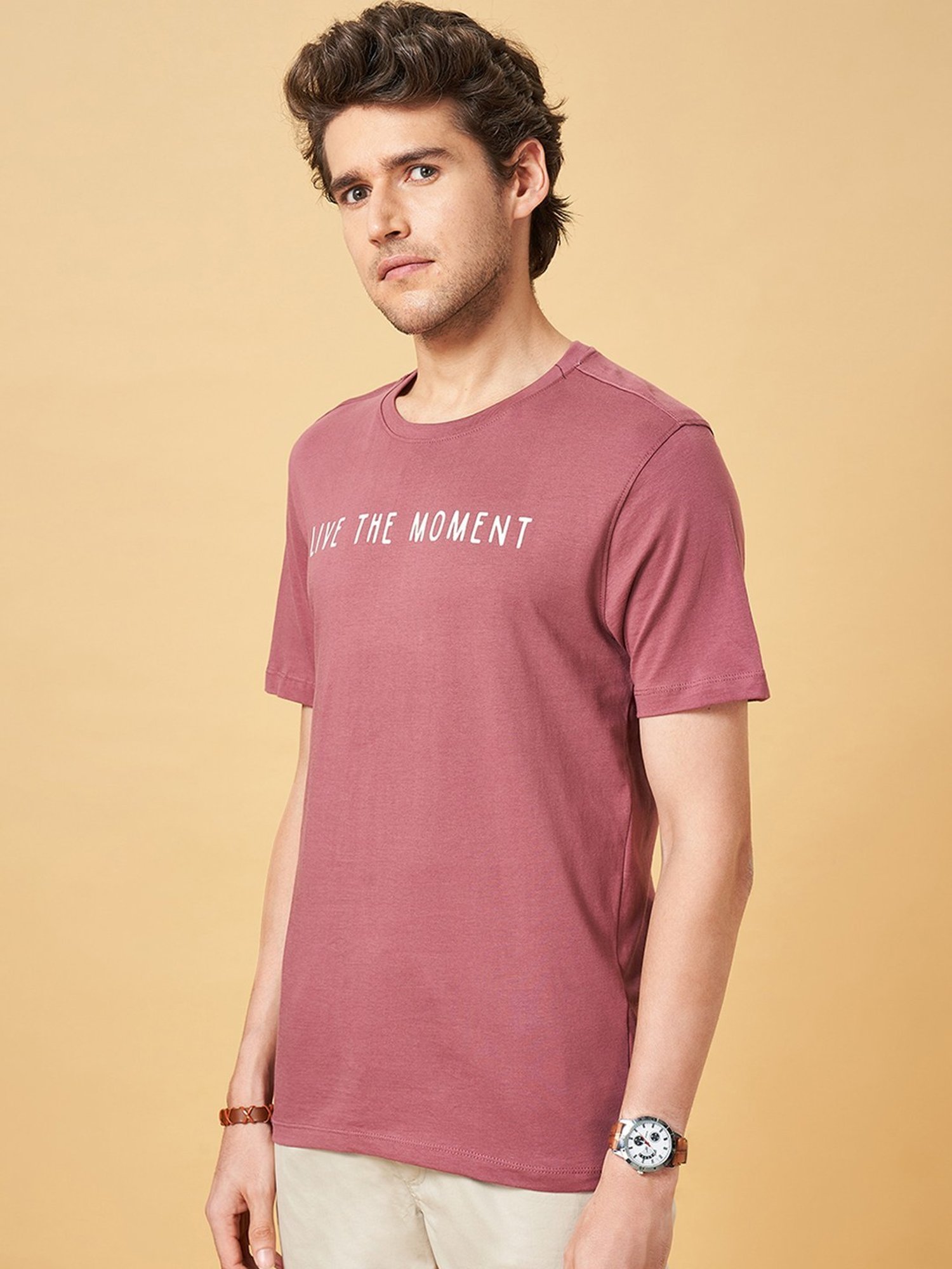 Urban Ranger by Pantaloons Rose Brown Cotton Slim Fit Printed T-Shirt