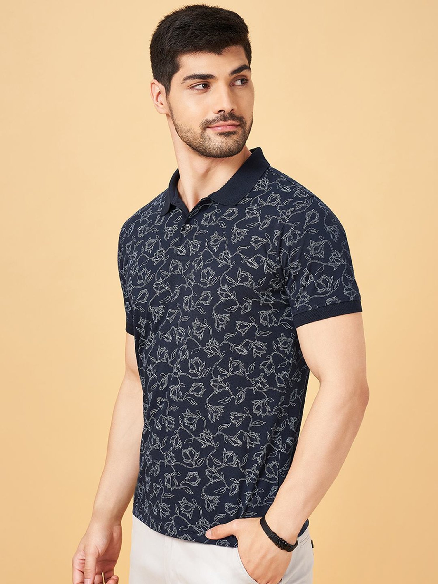 Byford By Pantaloons Navy Slim Fit Printed Polo T-Shirt