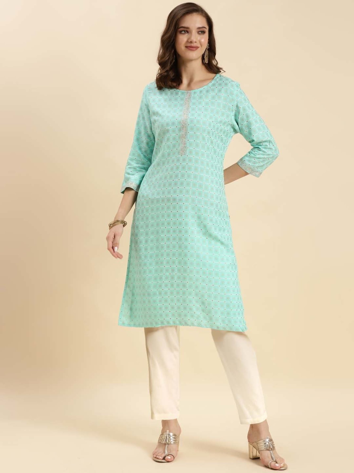 Rangita Sea Green & Off-White Printed Kurta Pant Set