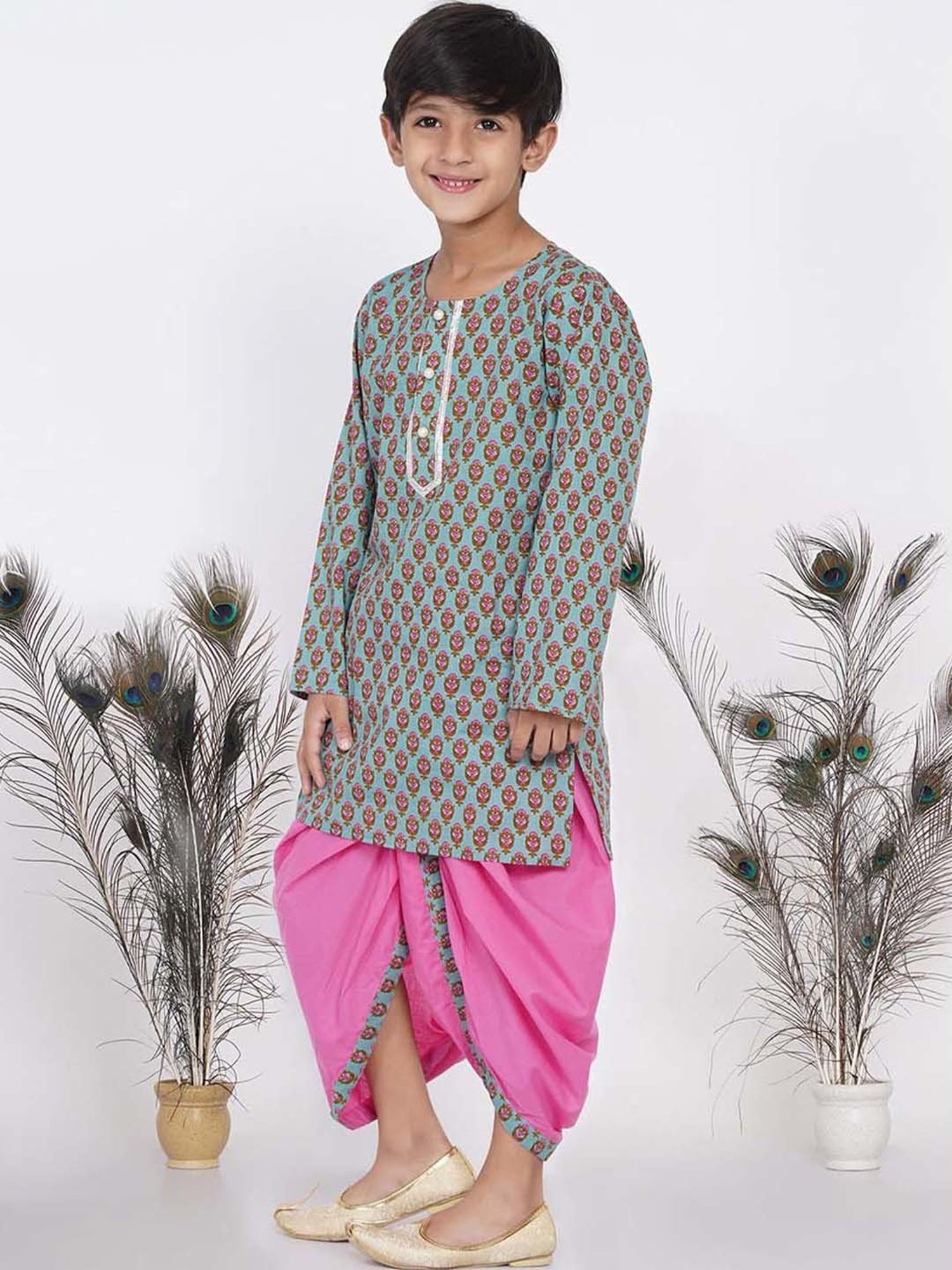 Little Bansi Kids Green & Pink Cotton Floral Print Full Sleeves Kurta Set