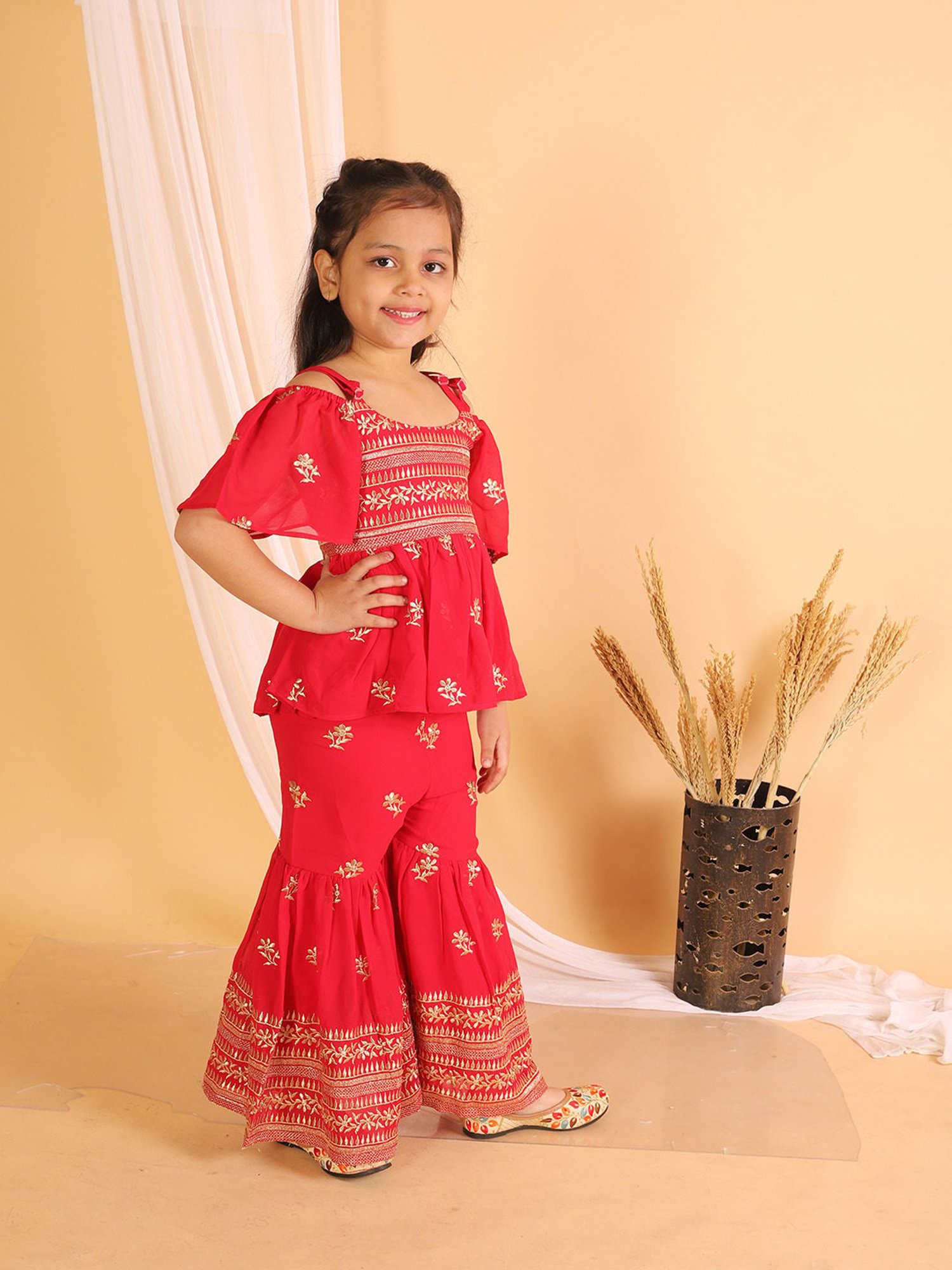 TWISHA Kids Red Embroidered Top with Sharara