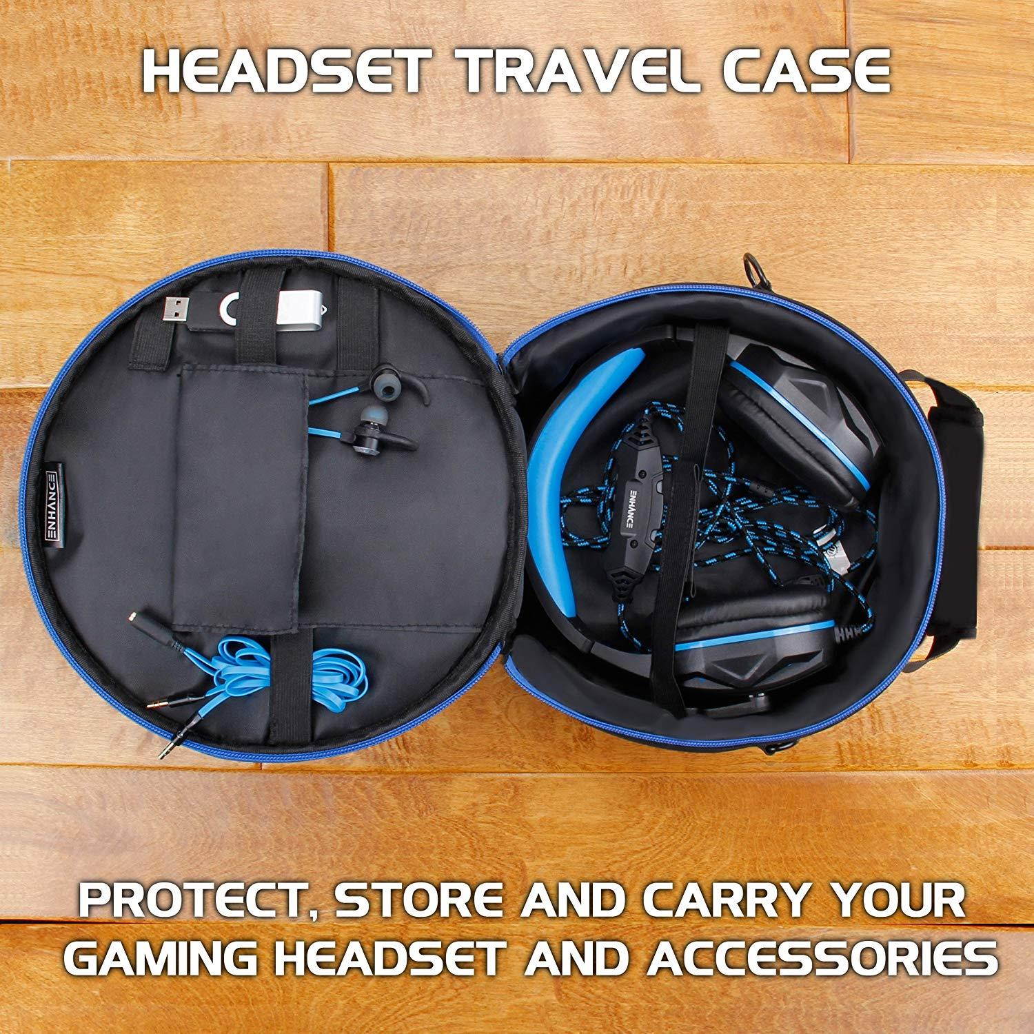 ENHANCE Gaming Headset Case for Wired & Bluetooth Wireless Headphones - Rigid & Padded Protection, Accessory Storage, Shoulder Strap & Rugged Carrying Handle - Travel Friendly Esports Design - Blue