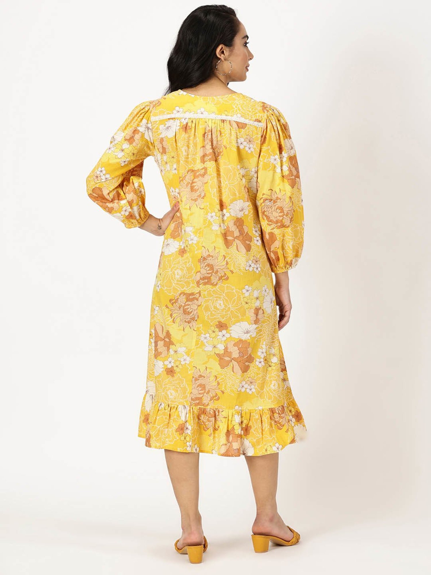 Saffron Threads Yellow Cotton Floral Print Ethnic Dress