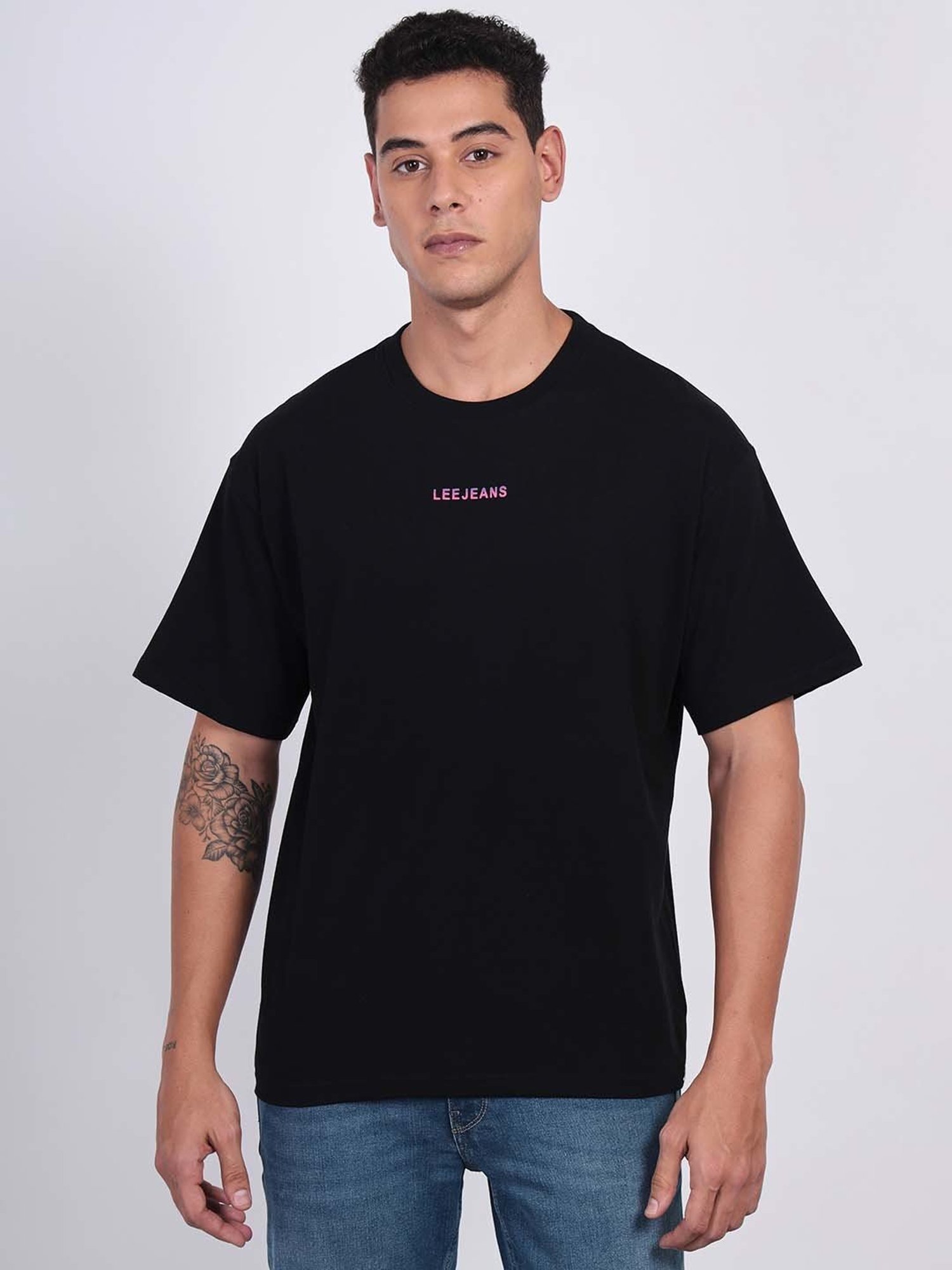 Lee Black Loose Fit Printed Cotton Oversized Crew T-Shirt