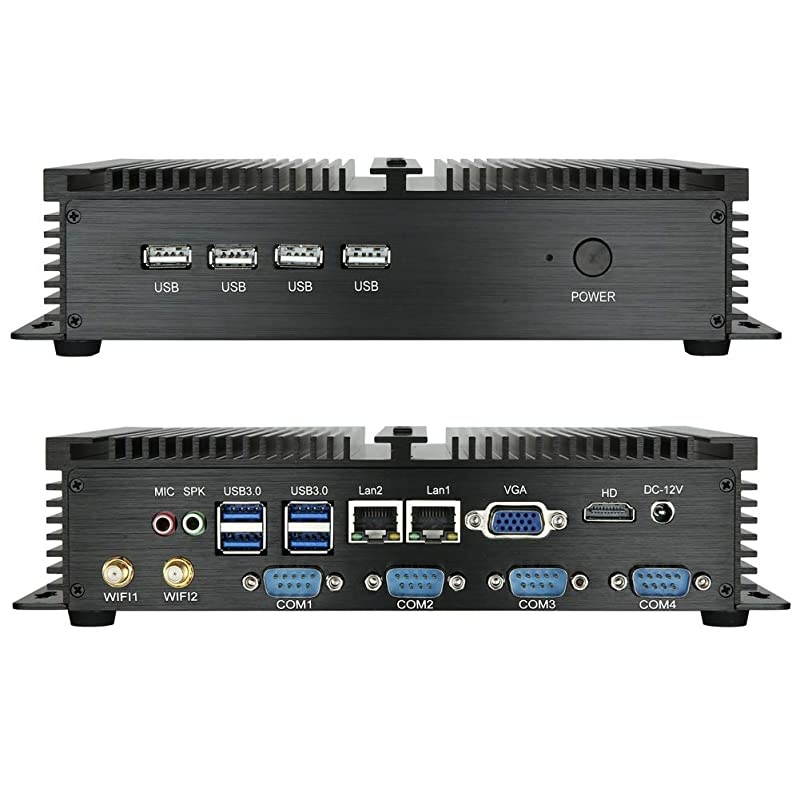 Fanless Industrial Computer, Mini Desktop PC with Intel Celeron Dual Core CPU, 4GB RAM, 128GB SSD, 2xLAN, 4xUSB 3.0, 4xCOM RS232, HD Port, WiFi, Full Metal Body, Windows 10 Pro