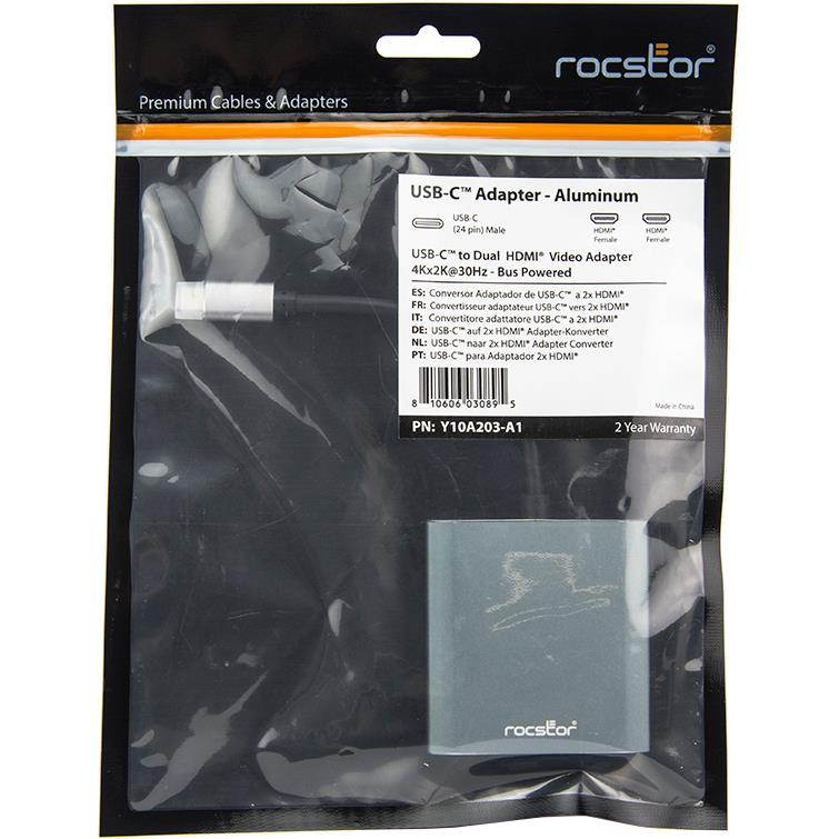 Rocstor Y10A203-A1 Premium USB-C to Dual HDMI Multi Monitor Adapter - 4K 30Hz