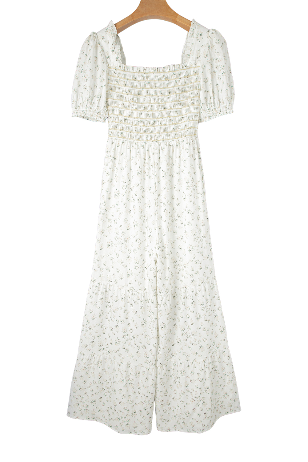 White Ditsy Floral Smocked Puff Sleeve High Waist Jumpsuit