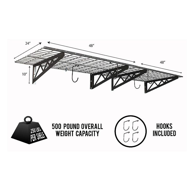 SafeRacks 24 x 48 Inch Garage Wall Shelf Two-Pack with Bike Tire Hooks, Gray
