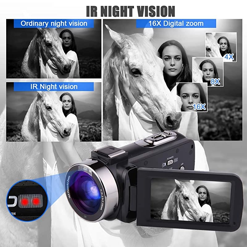 Camera Camcorder Vlogging Camera for Youtube Full HD 2.7K 30FPS 30 MP IR Night Vision 3 Inch Touch Screen Time-Lapse Camcorder with Microphone Remote Control Lens Hood and 2 Batteries