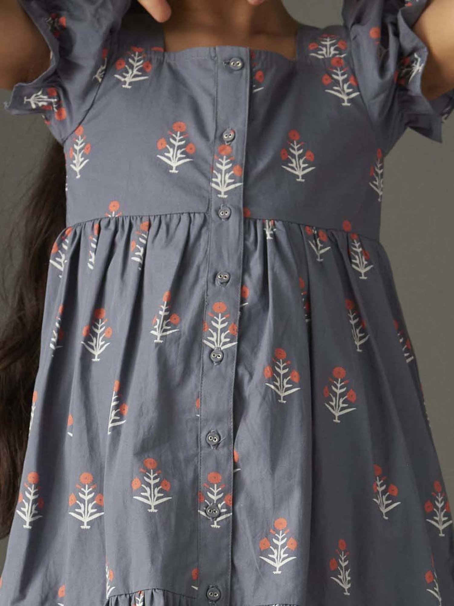 KidsDew Kids Grey Cotton Floral Print Dress