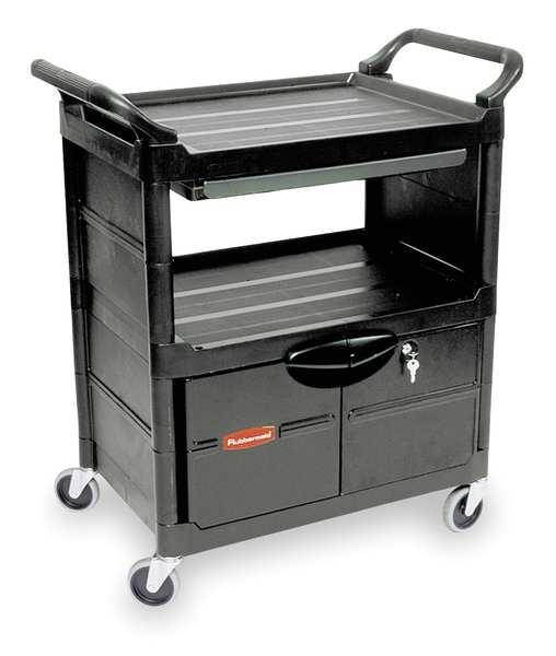 Utility Cart With Locking Doors, Two-Shelf, 33-5/8w X 18-5/8d X 37-3/4h, Black